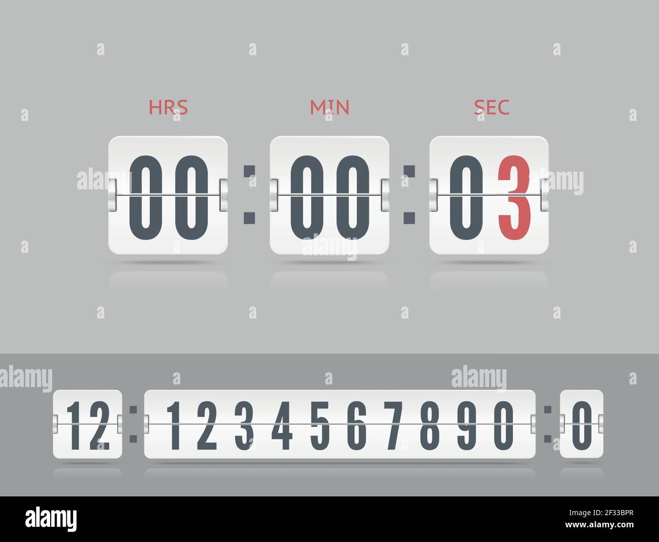 Concept de dernière chance. Modèle d'horloge de tableau de score de conception rétro. Modèle de vecteur de compteur horaire rétro. Police du nombre de compte à rebours du tableau de bord blanc avec des ombres isolées sur fond gris Illustration de Vecteur