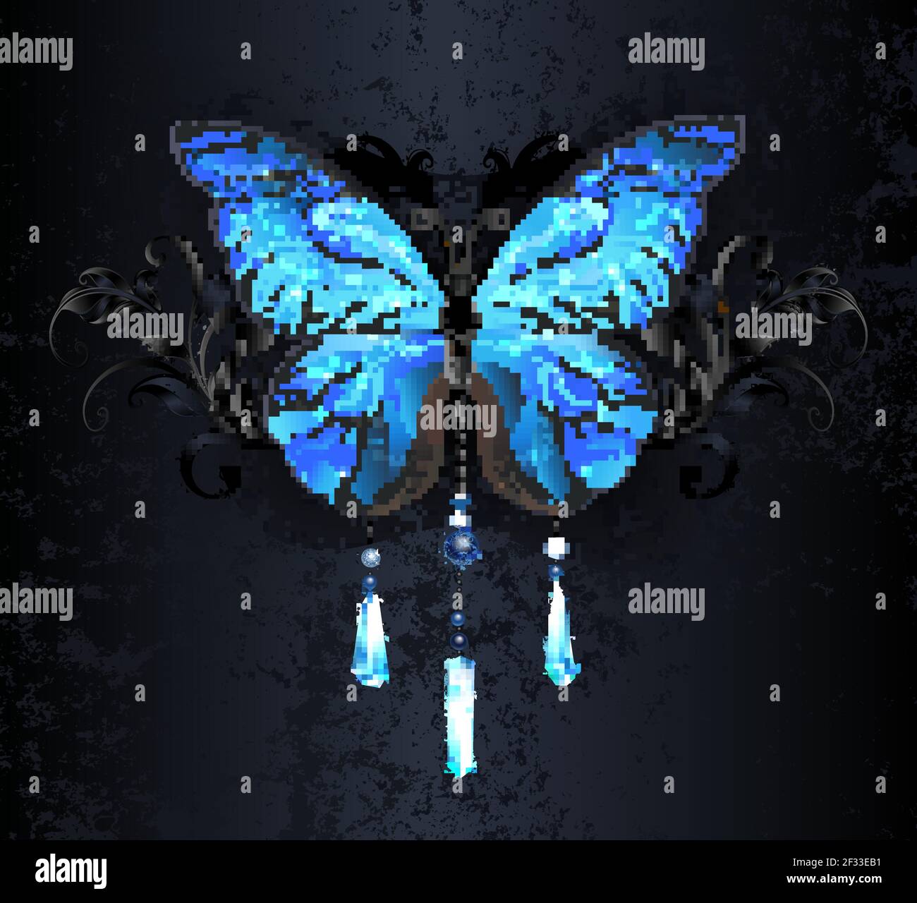 Papillon Morpho artistique et détaillé avec ailes bleues, texturées et irisées, orné de cristaux bleus et de perles contre le backgrou gothique foncé Illustration de Vecteur