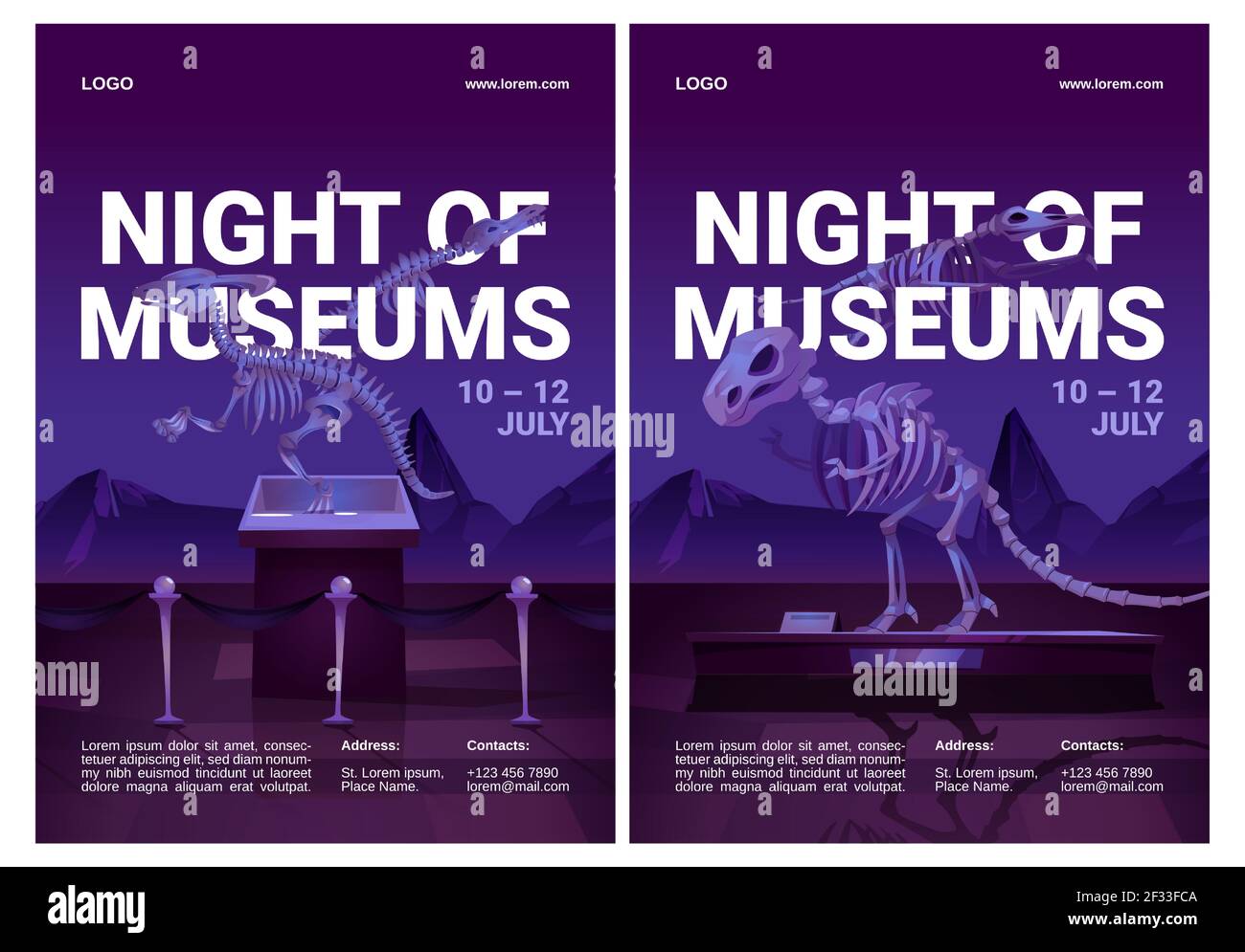 Nuit des musées flyers avec squelettes de dinosaures Illustration de Vecteur