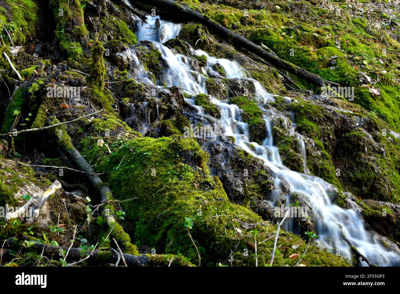 Cascade dans la réserve naturelle de Bad Ueberkingen en Allemagne en exposition longue durée Banque D'Images