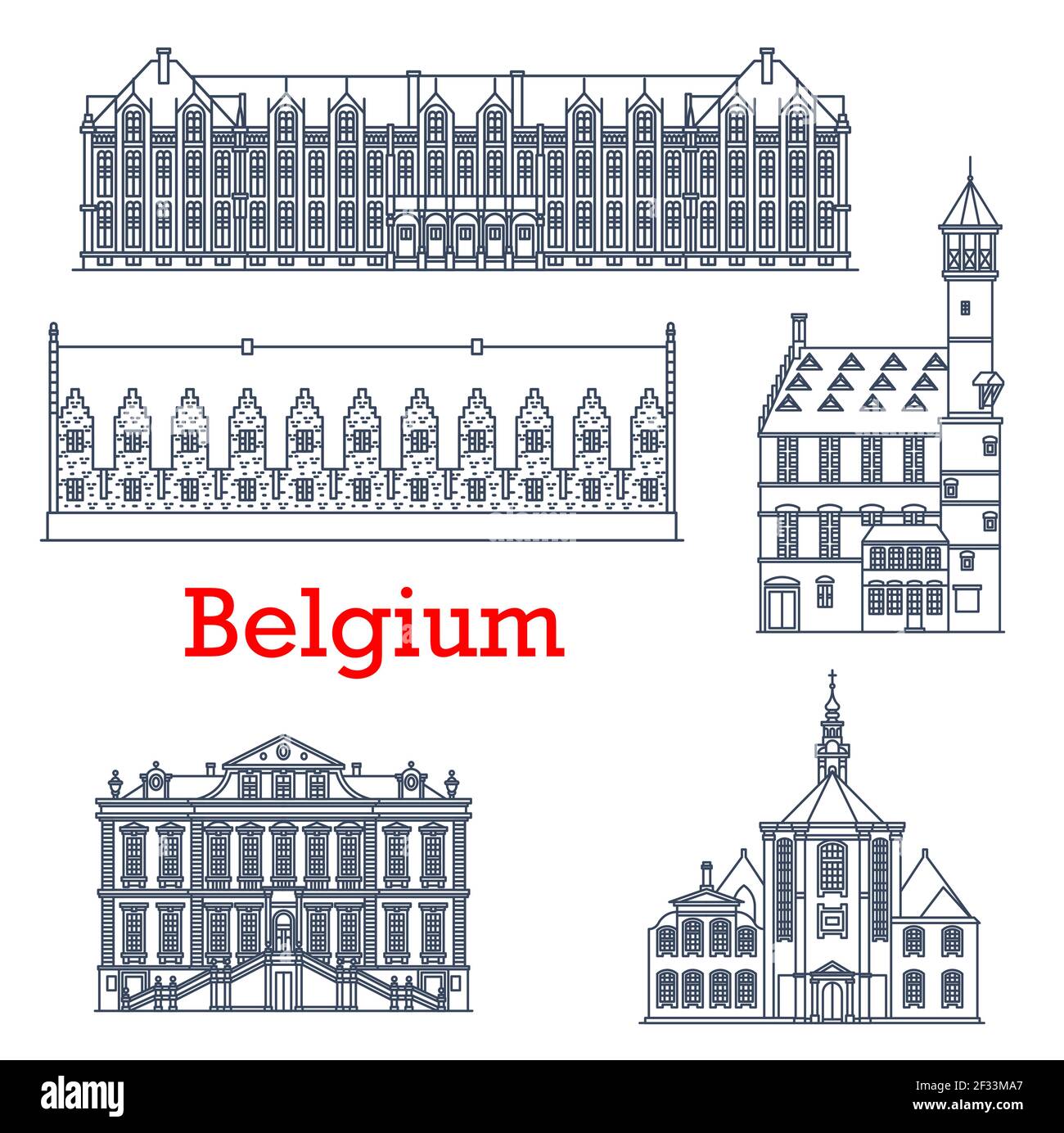 Belgique Voyage architecture historique, palais de Liège, cathédrales et églises, vecteur. Bâtiments belges célèbres de l'église Sainte Elisabeth Eglise, Lieg Illustration de Vecteur