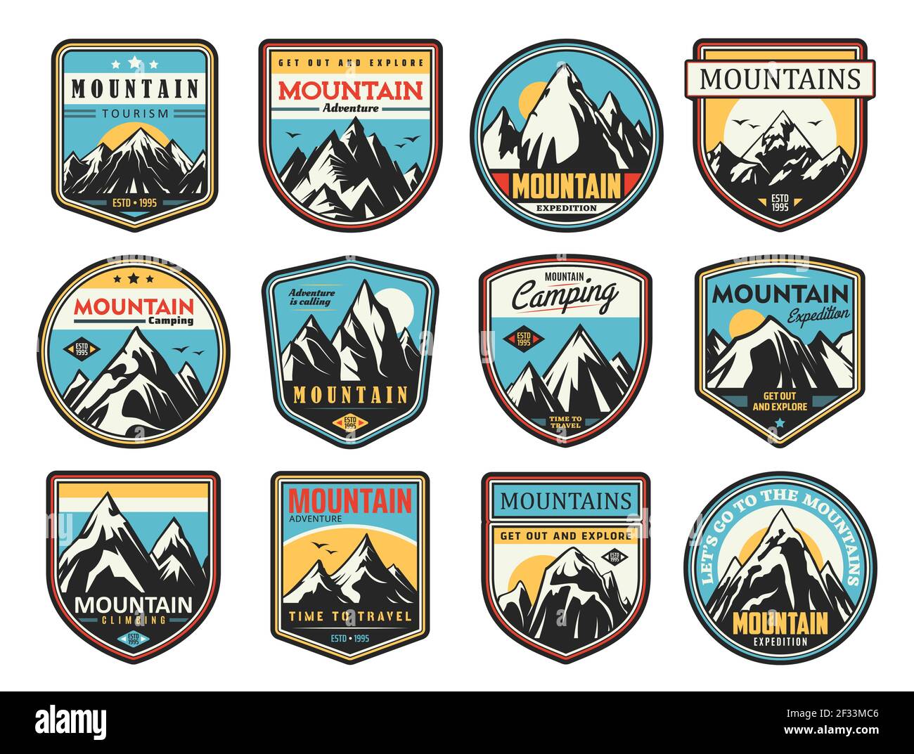 Le tourisme de montagne et l'escalade de symboles vectoriels ensemble. Exploration en plein air, sport extrême et aventure. Les rochers et les sommets enneigés parcourent des emblèmes Illustration de Vecteur