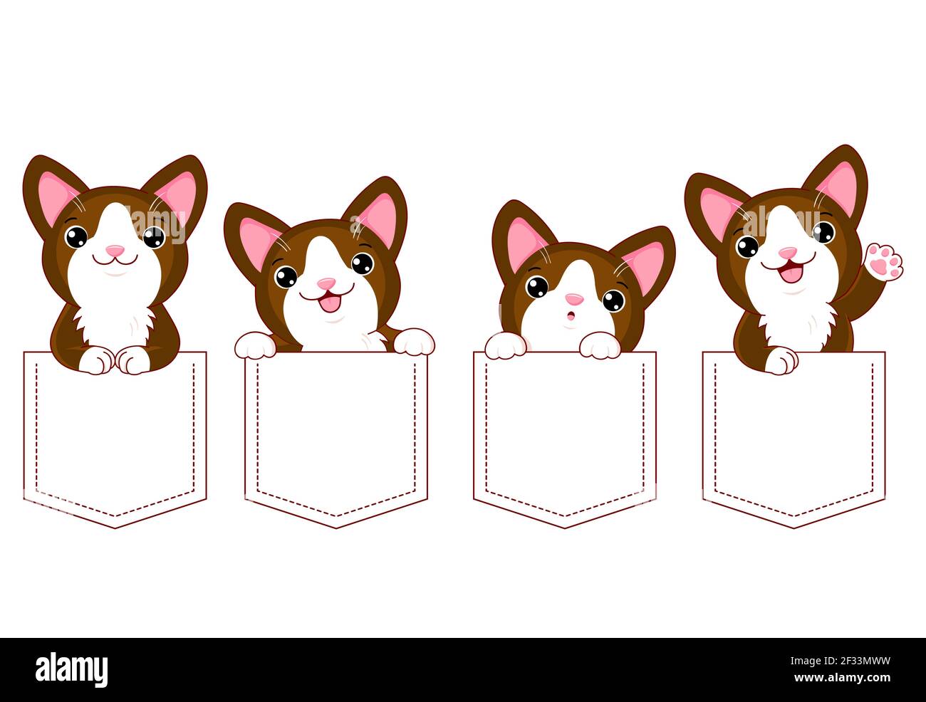 Ensemble de poche mignon personnages de dessin animé. Bébé collection de kawaii chats drôles, heureux, surpris dans les poches. Imprimé puéril avec kitty kawaii pour t-shirt. T Illustration de Vecteur