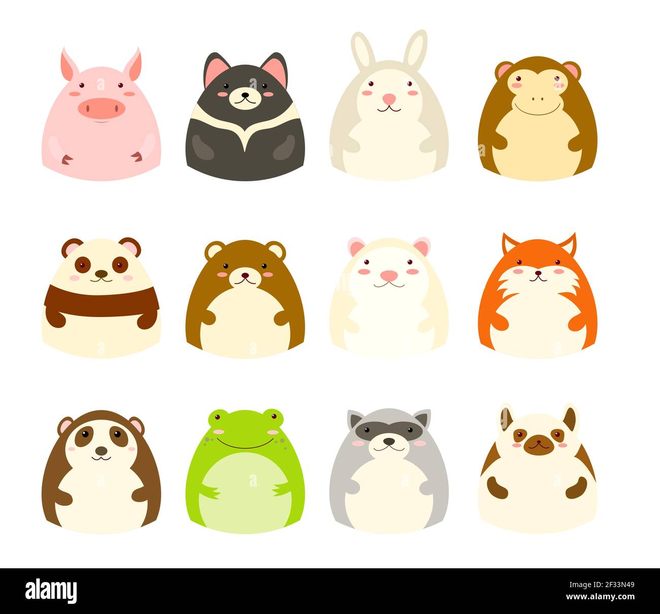 Icône de collection de membres. Ensemble d'avatars icônes avec animaux mignons - porc, diable tasmanie, lapin, singe, panda, hamster, renard, lémurien, grenouille, raton laveur, Illustration de Vecteur
