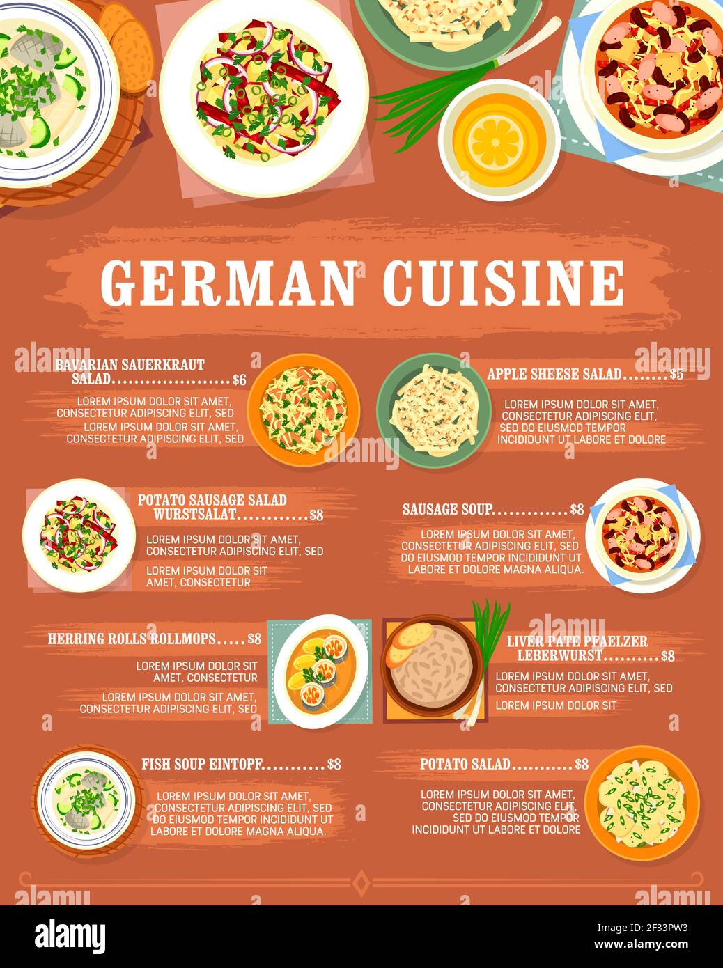 Menu de cuisine allemande et restaurant allemand, Vector. Cuisine