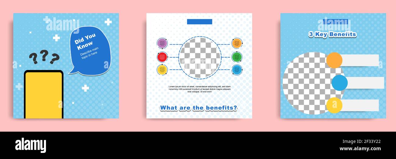 Didacticiel sur les réseaux sociaux, astuce, astuce, conseils rapides, modèle de mise en page avec fond géométrique de couleur bleue, blanche et jaune. Illustration vectorielle Illustration de Vecteur