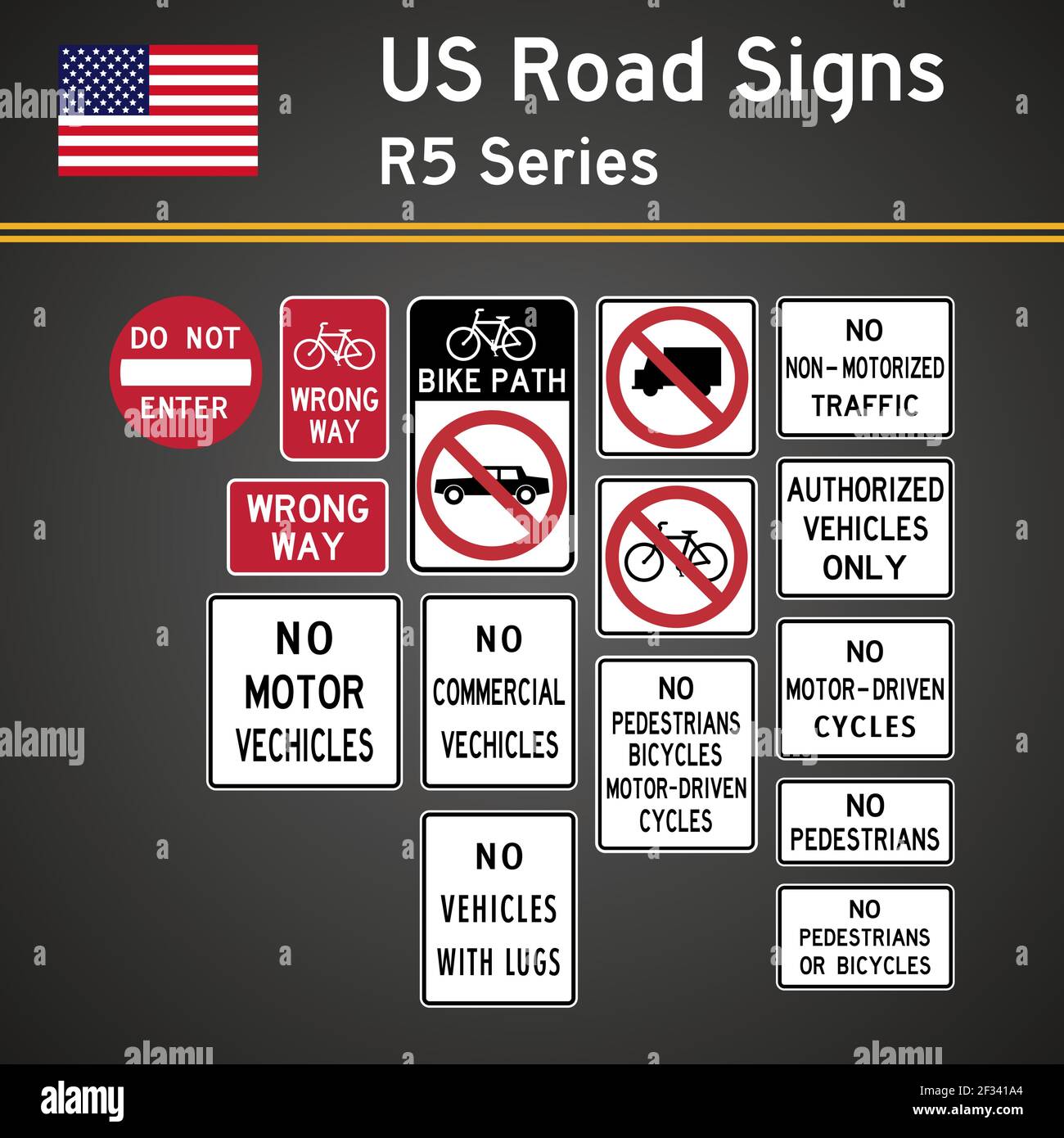 Ensemble vectoriel de panneaux routiers réalistes de la série R5 aux États-Unis. Interdiction des signes. Illustration de Vecteur