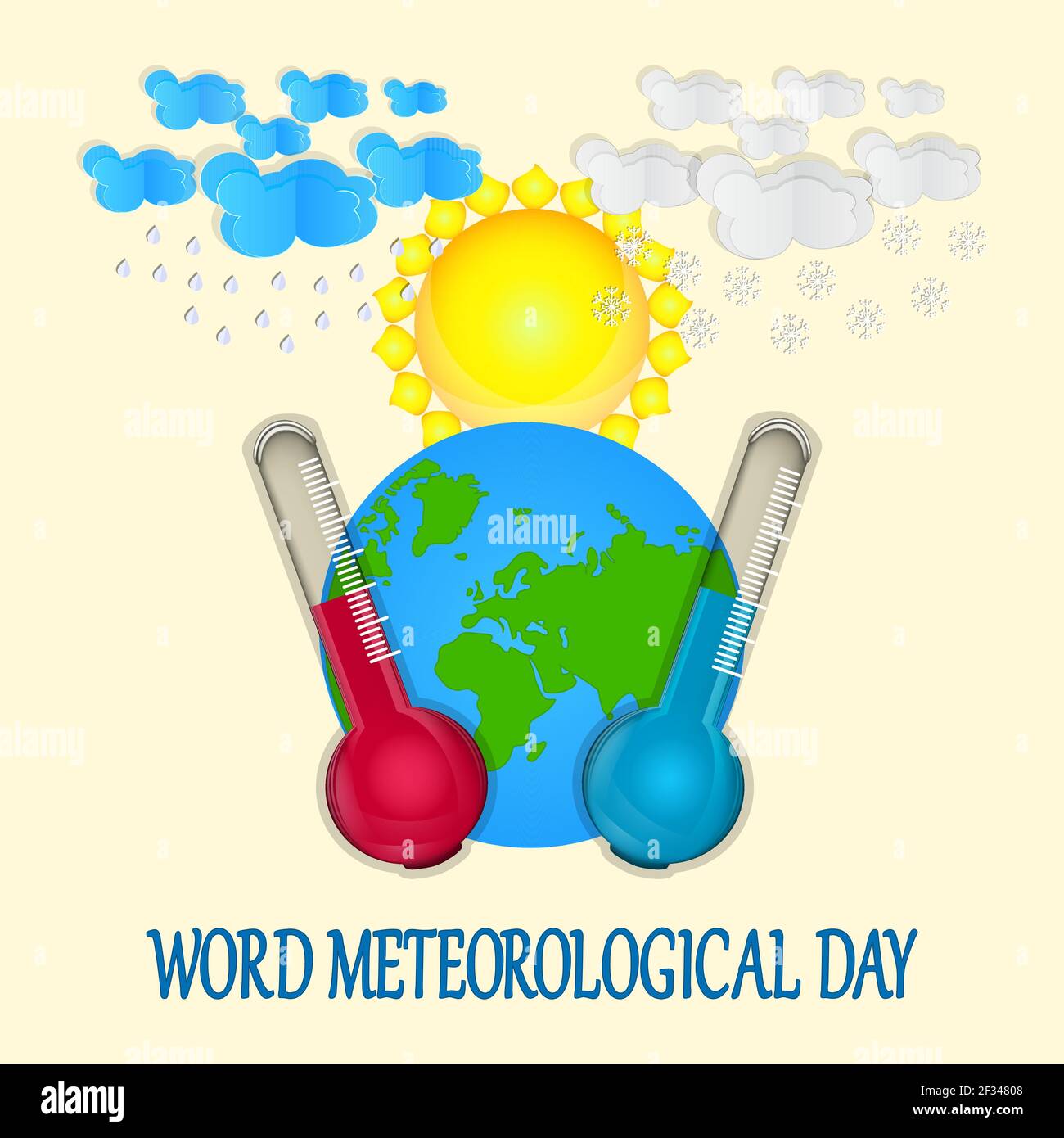 Journée météorologique mondiale.carte de vœux avec planète Terre, soleil, nuages, pluie, neige, thermomètres et texte sur fond jaune.Illustration vectorielle de stock Illustration de Vecteur