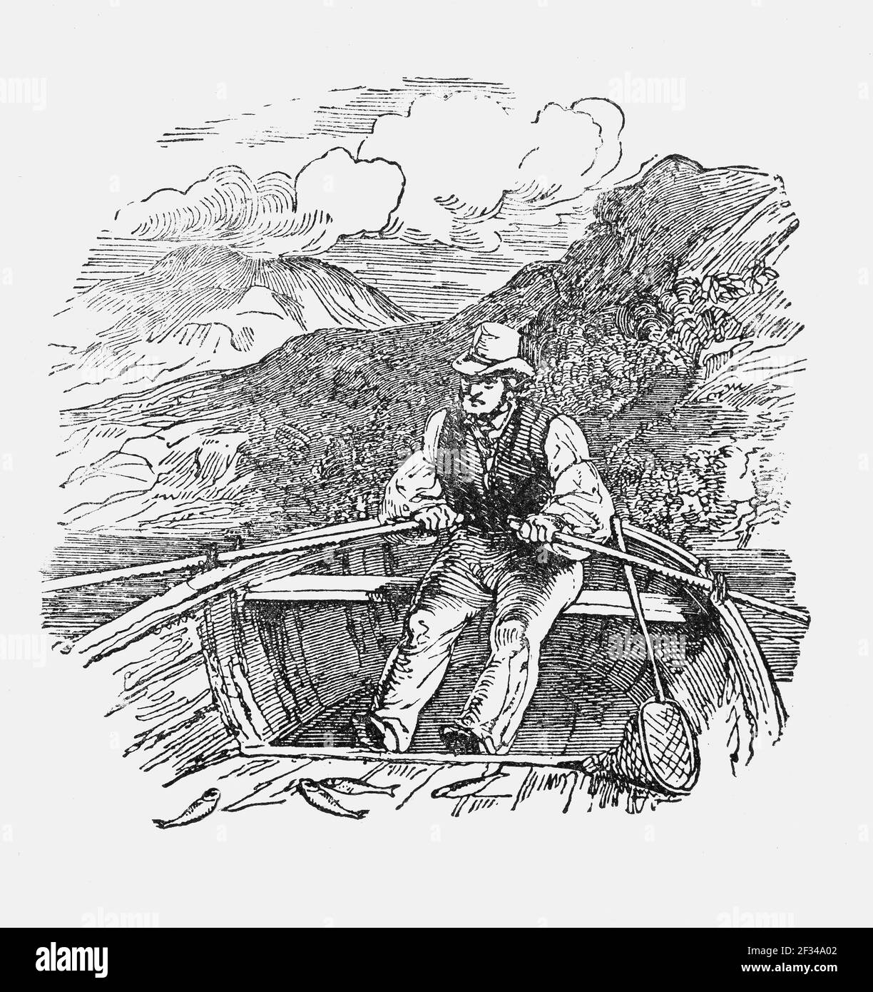 Illustration d'un dessin animé du XIXe siècle montrant un pêcheur à la ligne qui s'avirre au large de la côte du Connemara, comté de Galway, Irlande Banque D'Images