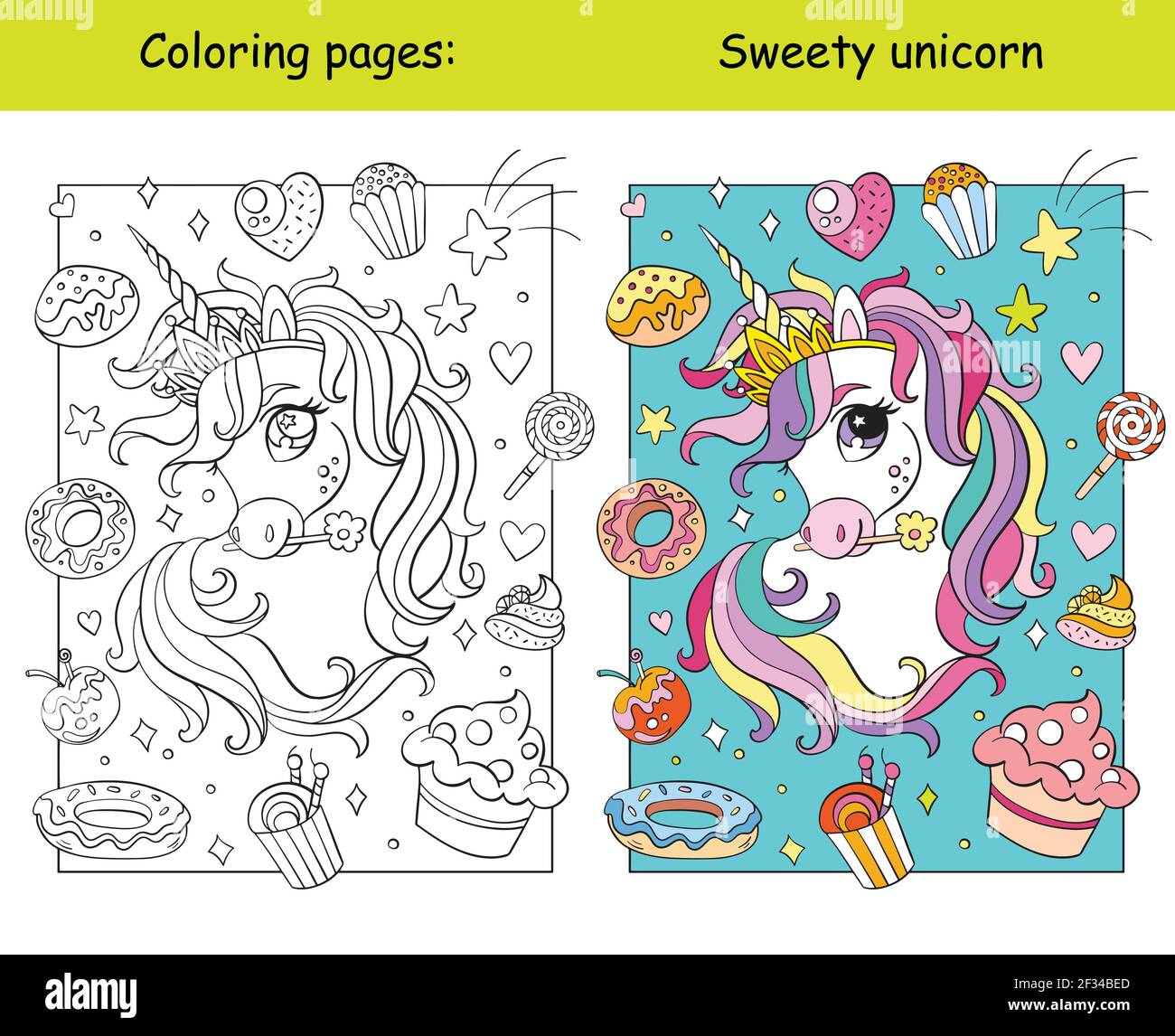 Jolie tête de licorne avec bonbons et gâteaux. Page de livre de coloriage pour les enfants avec modèle coloré. Illustration vectorielle isolée. Pour colorier bo Illustration de Vecteur