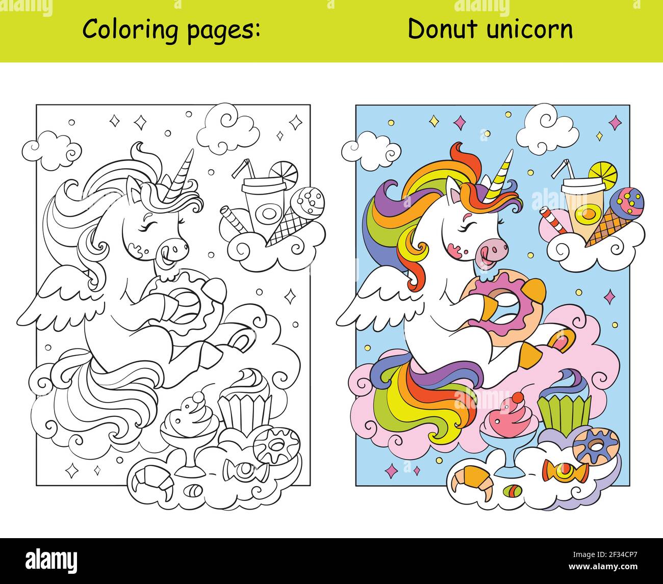 Le joli licorne mange des beignets et d'autres bonbons. Page de livre de coloriage pour les enfants avec modèle coloré. Illustration vectorielle isolée. Pour colorier Illustration de Vecteur