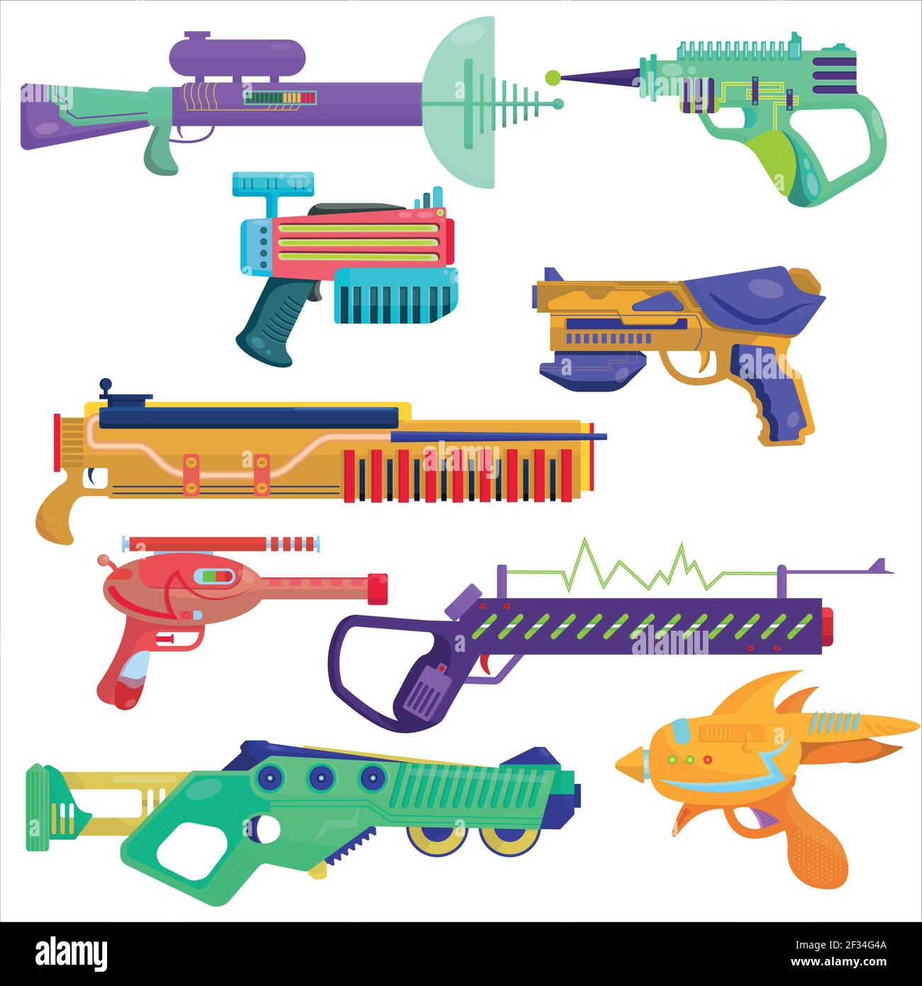 Jeu de blasters vectoriels. Des blasters brillants dans un style de dessin animé. Armes colorées pour les jeux informatiques. Illustration de Vecteur