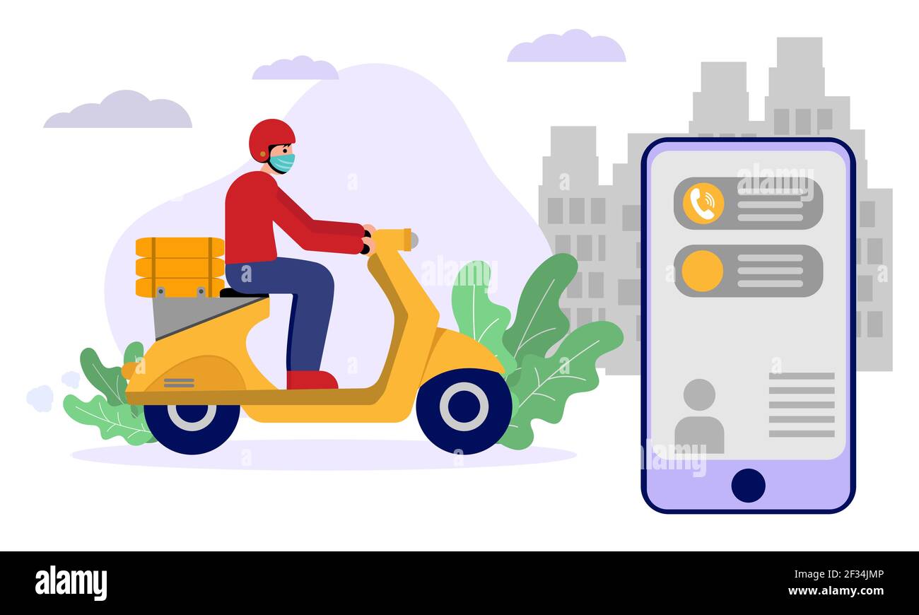 Application mobile de livraison rapide de nourriture et liveur en scooter. Illustration vectorielle Illustration de Vecteur