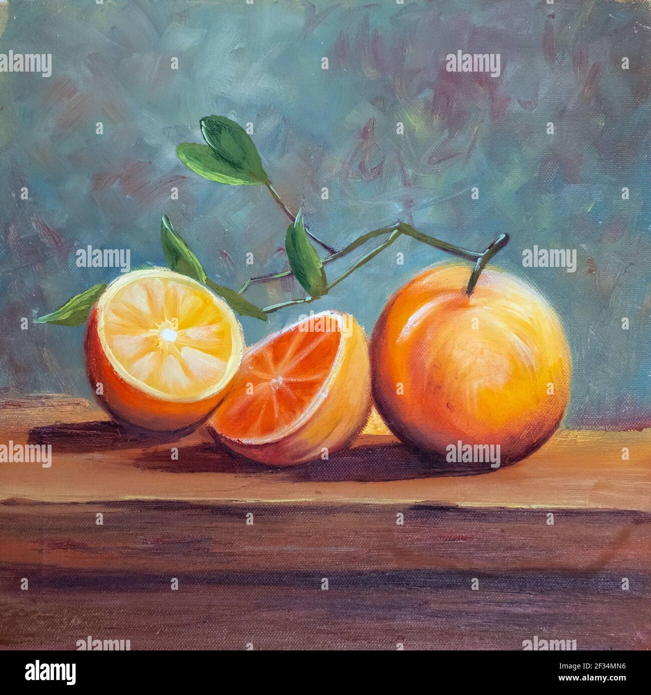 Peinture aux fruits d'orange et l'un d'entre eux est tranché Banque D'Images