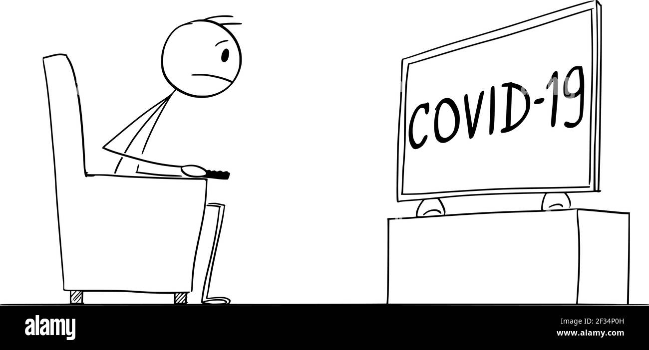 Homme regardant le coronavirus ou Covid-19 News à la télévision. Illustration de la figure du bâton de dessin vectoriel Illustration de Vecteur