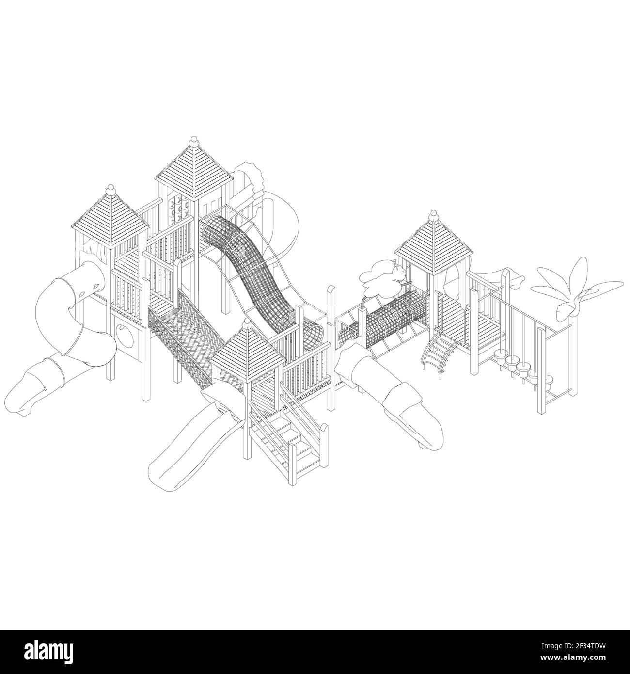 Le contour d'une grande aire de jeux avec divers toboggans. Vue isométrique. Illustration vectorielle. Illustration de Vecteur