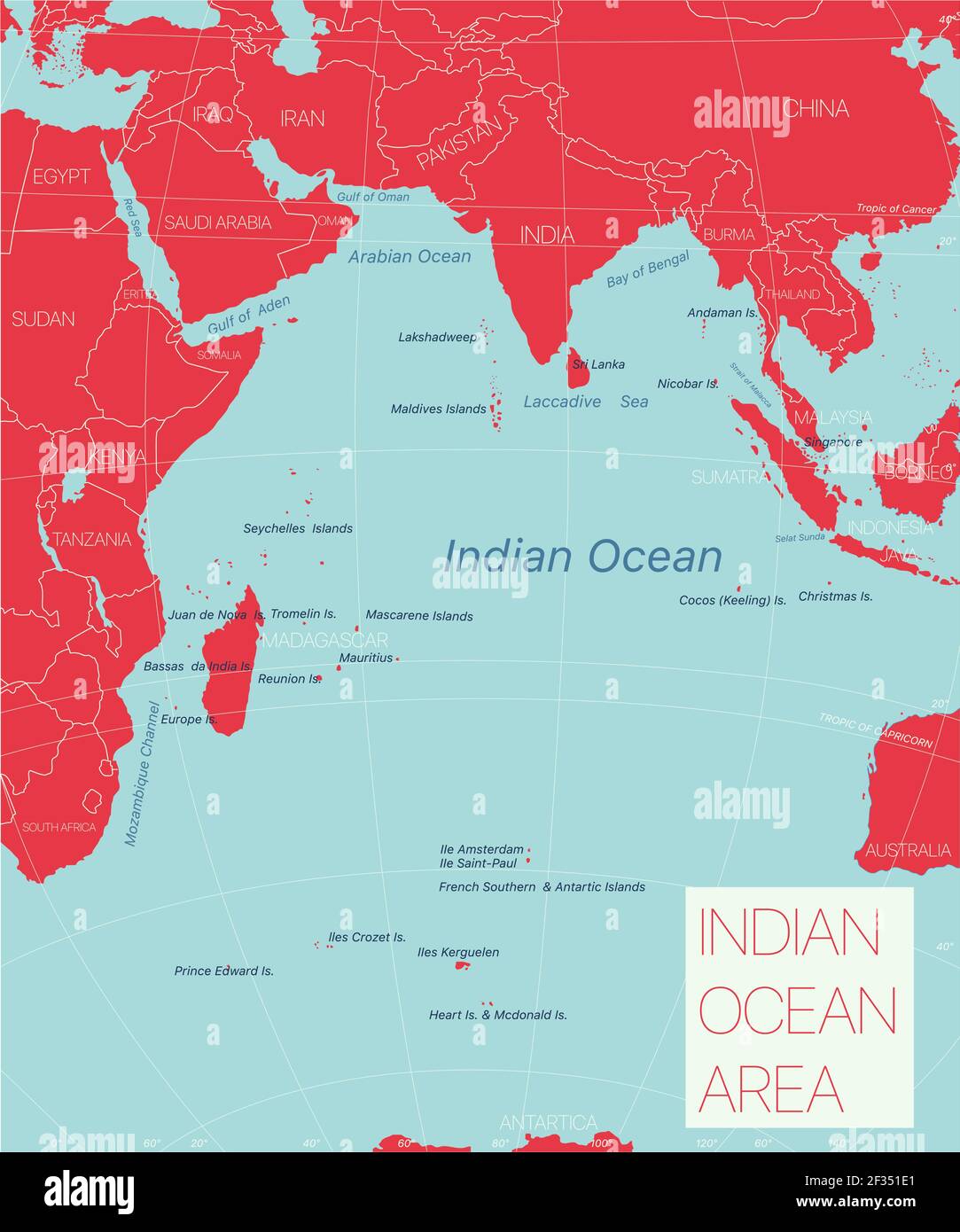 Région de l'océan Indien carte détaillée modifiable avec régions villes et sites géographiques. Fichier vectoriel EPS-10 Illustration de Vecteur