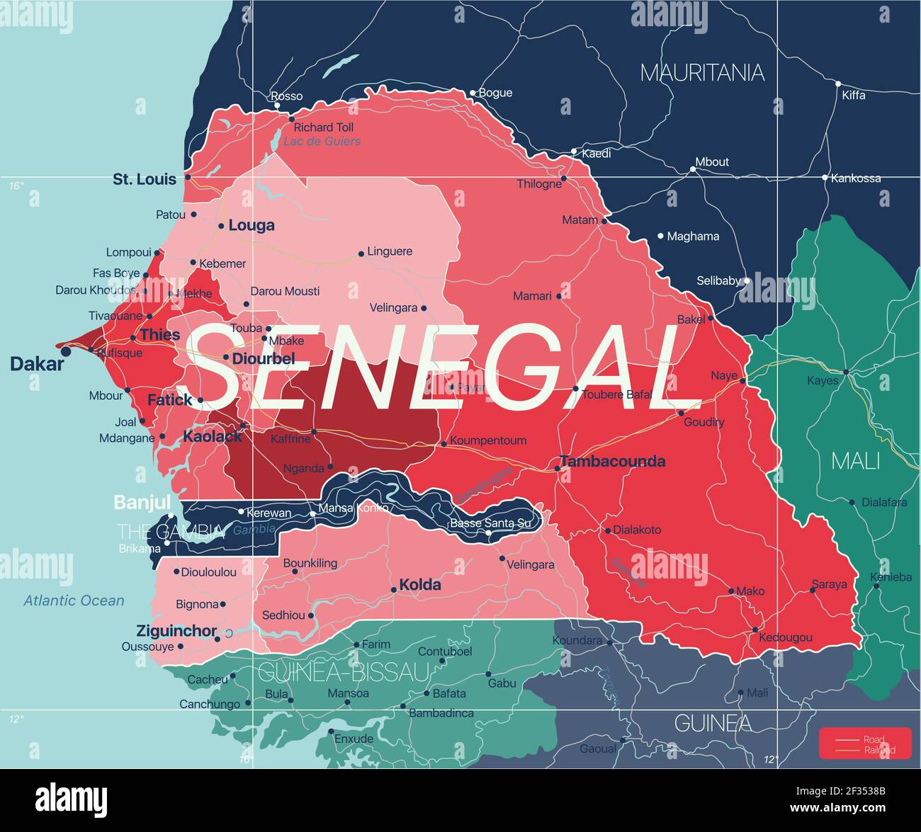 Sénégal carte détaillée modifiable avec régions villes, routes et chemins de fer, sites géographiques. Fichier vectoriel EPS-10 Illustration de Vecteur