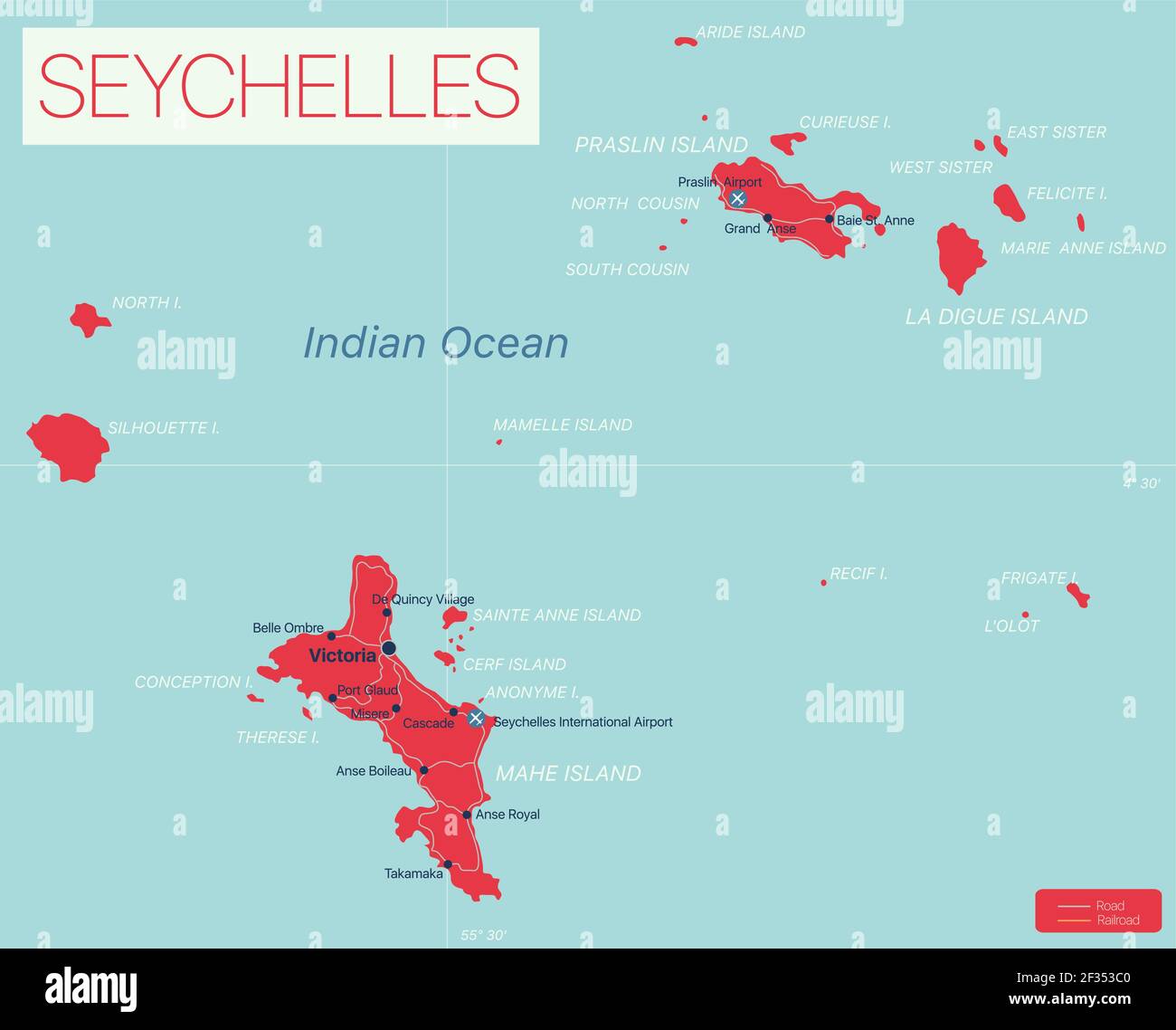 Îles Seychelles carte détaillée modifiable avec régions villes, routes et chemins de fer, sites géographiques. Fichier vectoriel EPS-10 Illustration de Vecteur