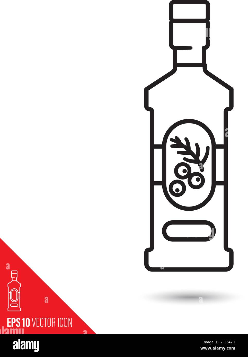 Bouteille de gin avec baies de genévrier et brindilles sur l'étiquette vecteur d'icône de ligne Illustration de Vecteur