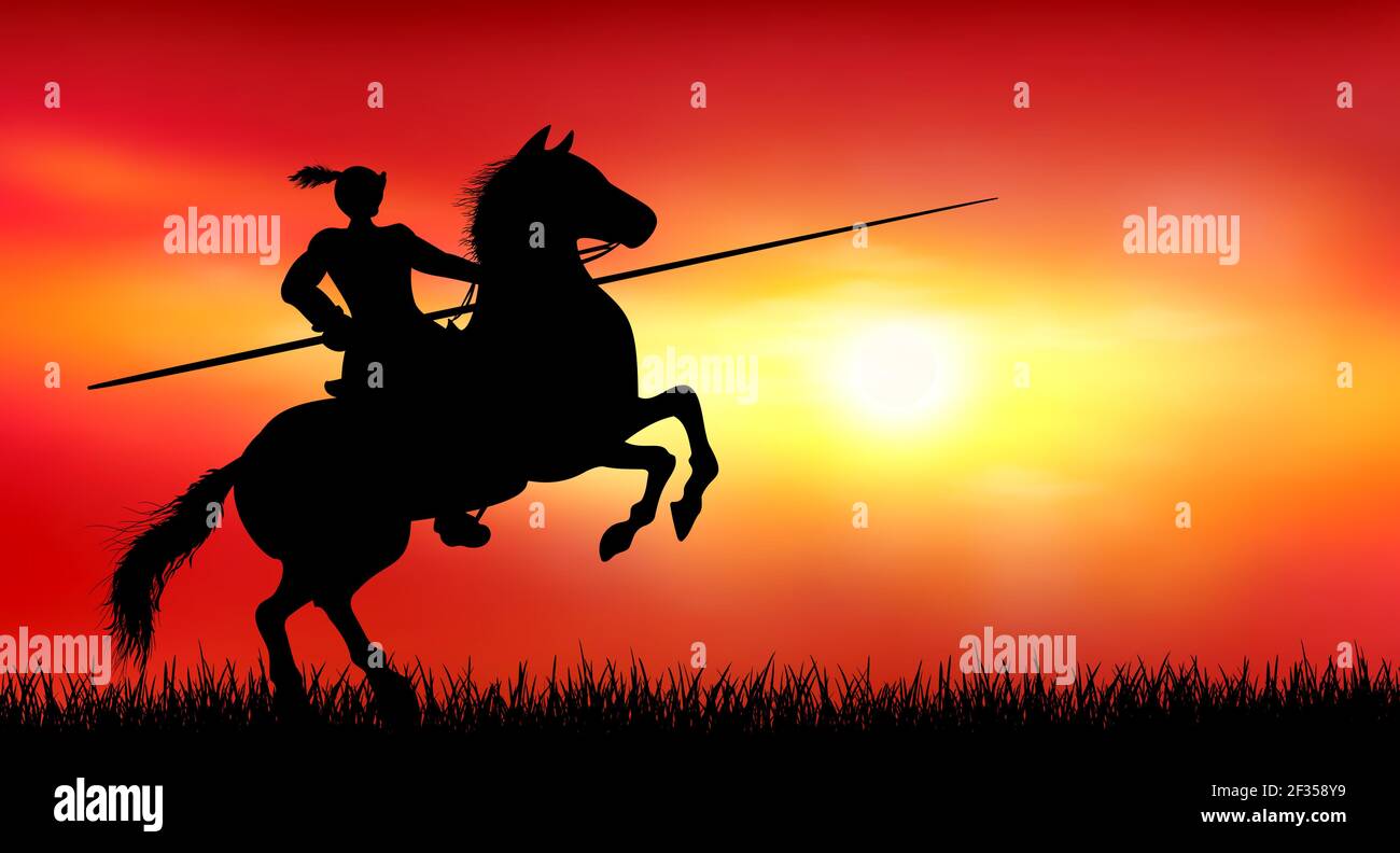 Chevalier à cheval avec une lance. Coucher de soleil. Le soleil. Arrière-plan rouge. Illustration de Vecteur