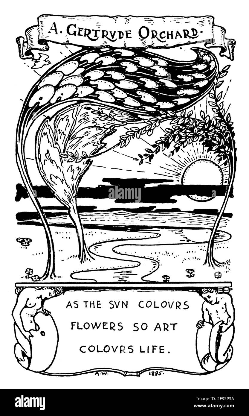 1895 Bibliothèque de paysage conçue pour UN verger de Geratitude par l'artiste britannique Alan Wright, avec devise comme le soleil couleurs fleurs, ainsi l'art couleurs li Banque D'Images