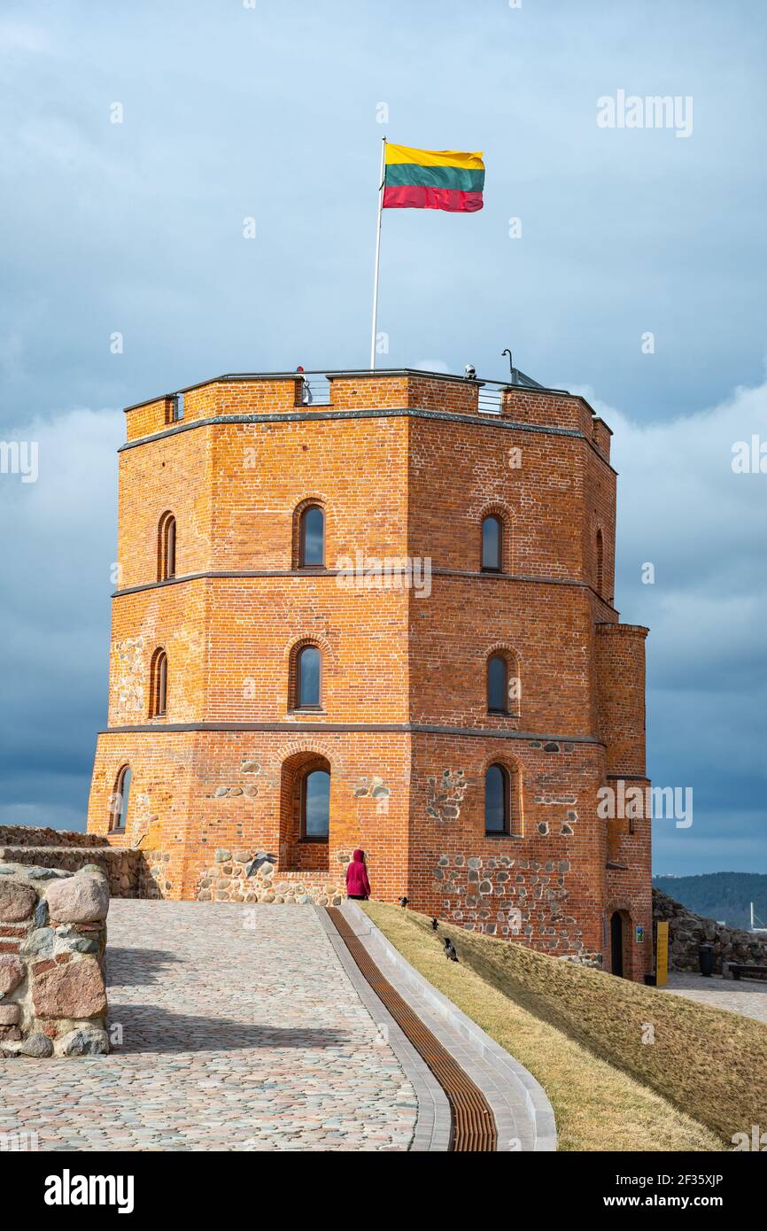Tour ou château de Gediminus, le reste du château médiéval supérieur de Vilnius, Lituanie avec drapeau lituanien, vertical Banque D'Images