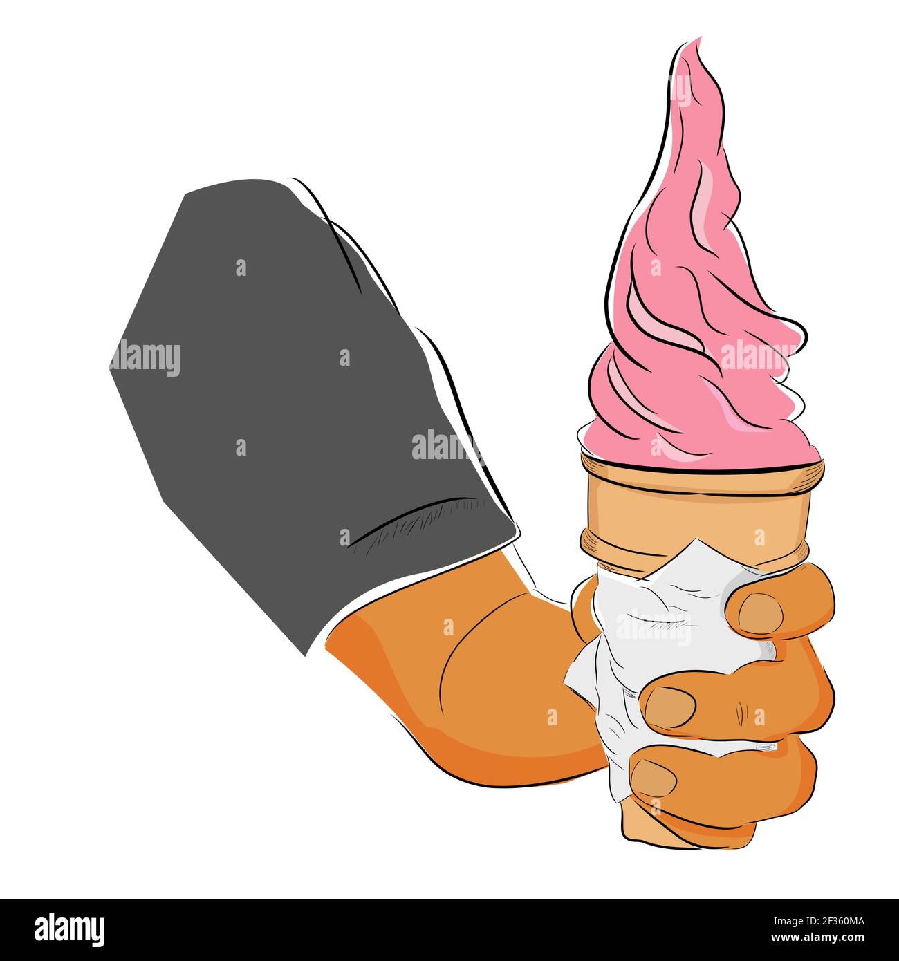 Dessin main couleur plate, main tenant Strawberry Ice Cream Cone, isolé sur blanc Illustration de Vecteur