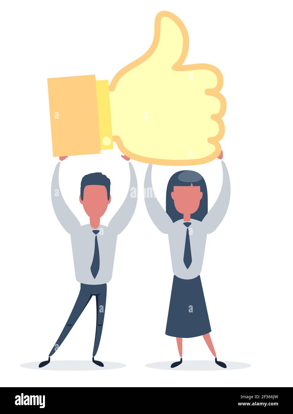 L'homme et la femme tiennent une icône avec un gros pouce vers le haut. Réseaux sociaux efficaces, travail d'équipe. Affiche commerciale, carte de présentation, médias sociaux, bannière, page Web. Illustration de Vecteur