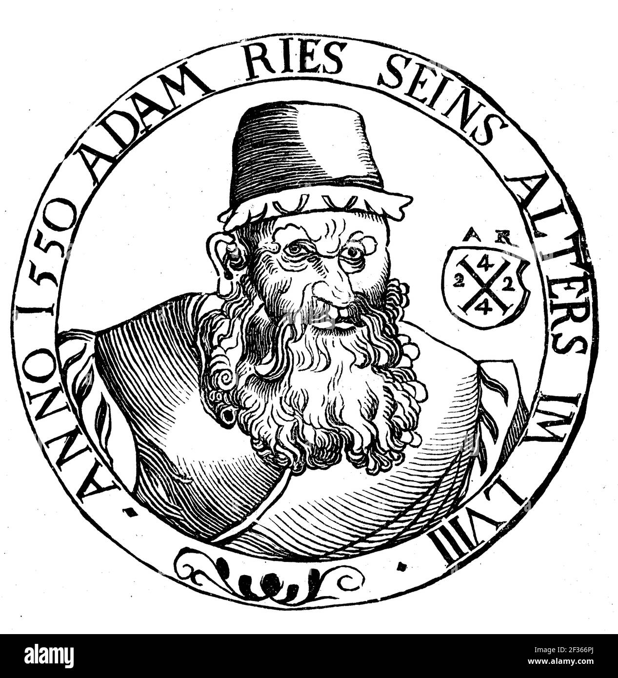 Adam Ries, également Adam Riese, 1492 ou 1493 - 30 mars ou 2 avril 1559, était un maître calculatrice allemand / Adam Ries, auch Adam Riese, 1492 oder 1493 - 30. März oder 2. Avril 1559, war ein deutscher Rechenmeister, Historisch, historique, numérique amélioration de la reproduction d'un original du 19ème siècle / digitale Reproduktion einer Originalvorlage aus dem 19. Jahrhundert, Banque D'Images