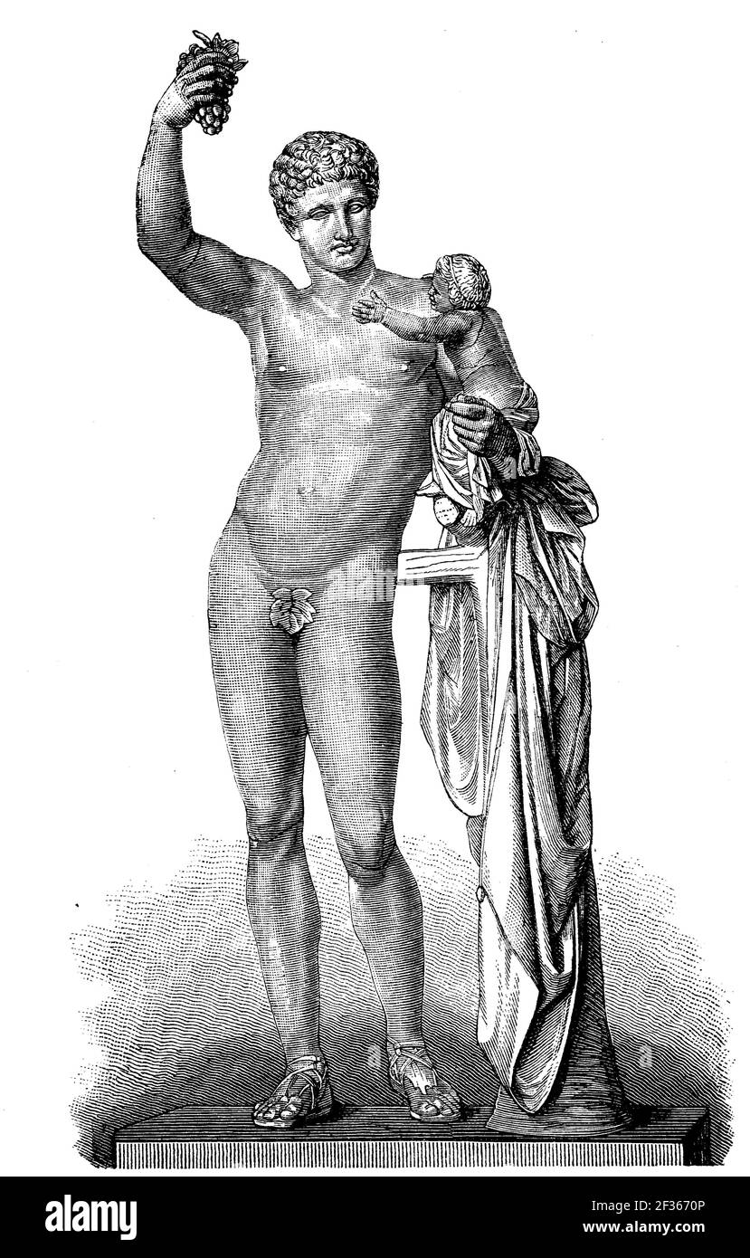 Hermes, dans la mythologie grecque le Dieu protecteur de la circulation, voyageurs, marchands et bergers, d'autre part aussi le dieu des voleurs, marchands d'art, oratoire, gymnastique et messager des dieux, après Praxiteles, l'un des sculpteurs les plus importants de l'antiquité grecque, illustration de 1880 / Hermes, In der griechischen Mythologie der Schutzgott des Verkehrs, der Reisenden, der Kaufleute und der Hirten, andererseits auch der Gott der Diebe, der Kunsthändler, der Redekunst, der Ggritik und Götterbote, nach Praxiteles, echen der Biledensen der Ausseren, der Bilischen Antischen Antischen der Banque D'Images