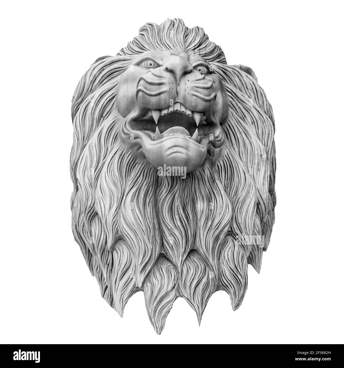 Sculpture en marbre décoration à tête de lion architecture en pierre blanche, isolée sur blanc Banque D'Images