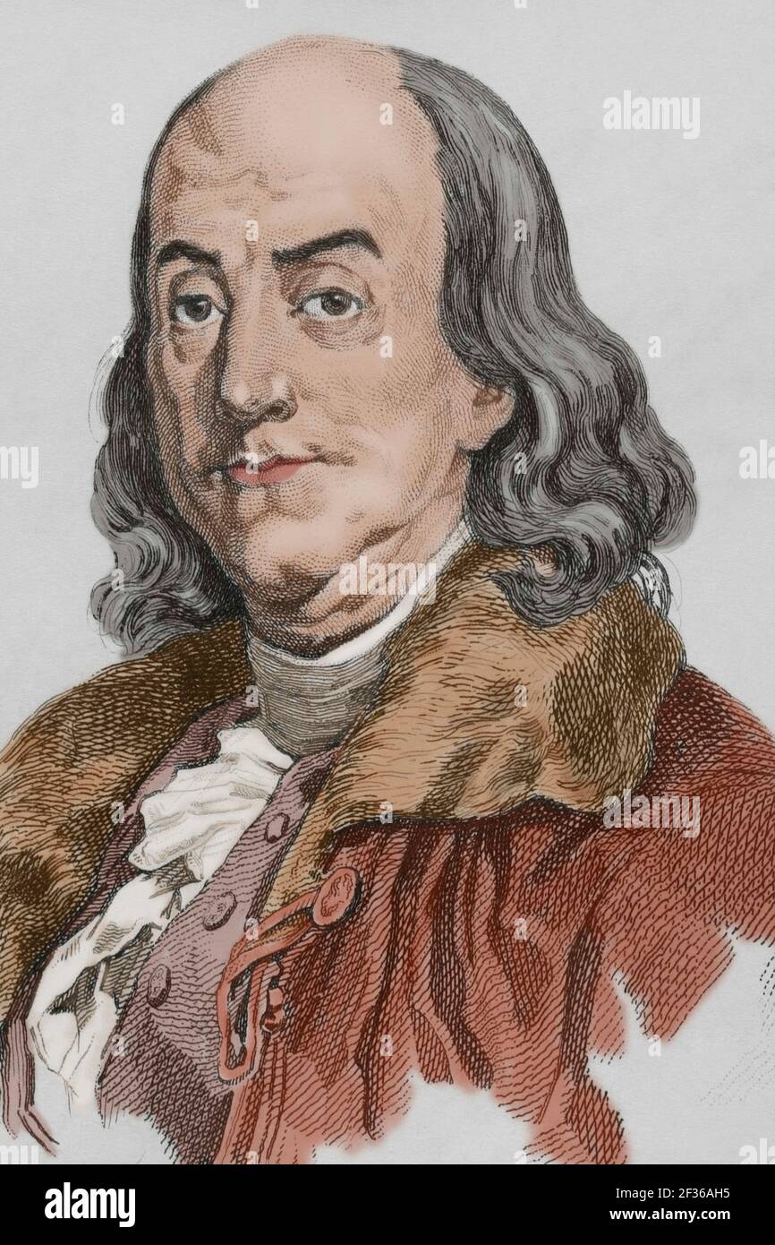 Benjamin Franklin (1706-1790) scientifique, inventeur et politicien américain. En 1776, il écrit, avec Jefferson et John Adams, la Déclaration d'indépendance des États-Unis d'Amérique. Gravure par Lemaitre. Panorama universel. Histoire des Etats-Unis d'Amérique, de la 1ère édition de Jean B.G. Les États-Unis d'Amérique du Roux de Rochelle en 1837. Édition espagnole, imprimée à Barcelone, 1850. Coloration ultérieure. Banque D'Images Benjamin Franklin (1706-1790) scientifique, inventeur et politicien américain. En 1776, il écrit, avec Jefferson et John Adams, la Déclaration d'indépendance des États-Unis d'Amérique. Gravure par Lemaitre. Panorama universel. Histoire des Etats-Unis d'Amérique, de la 1ère édition de Jean B.G. Les États-Unis d'Amérique du Roux de Rochelle en 1837. Édition espagnole, imprimée à Barcelone, 1850. Coloration ultérieure. Banque D'Images