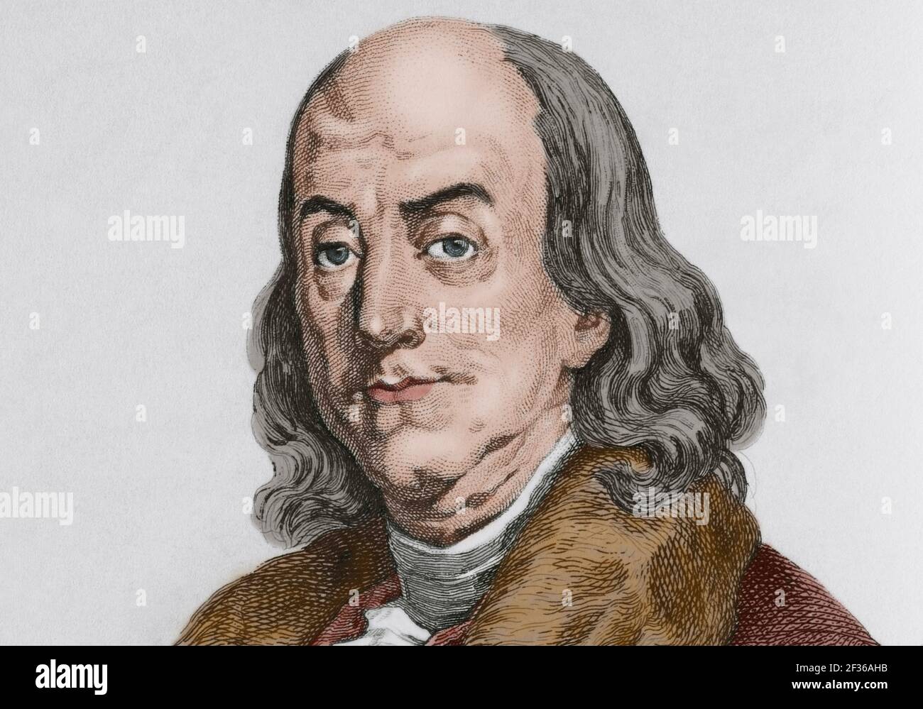 Benjamin Franklin (1706-1790) scientifique, inventeur et politicien américain. En 1776, il écrit, avec Jefferson et John Adams, la Déclaration d'indépendance des États-Unis d'Amérique. Gravure par Lemaitre. Panorama universel. Histoire des Etats-Unis d'Amérique, de la 1ère édition de Jean B.G. Les États-Unis d'Amérique du Roux de Rochelle en 1837. Édition espagnole, imprimée à Barcelone, 1850. Coloration ultérieure. Banque D'Images Benjamin Franklin (1706-1790) scientifique, inventeur et politicien américain. En 1776, il écrit, avec Jefferson et John Adams, la Déclaration d'indépendance des États-Unis d'Amérique. Gravure par Lemaitre. Panorama universel. Histoire des Etats-Unis d'Amérique, de la 1ère édition de Jean B.G. Les États-Unis d'Amérique du Roux de Rochelle en 1837. Édition espagnole, imprimée à Barcelone, 1850. Coloration ultérieure. Banque D'Images