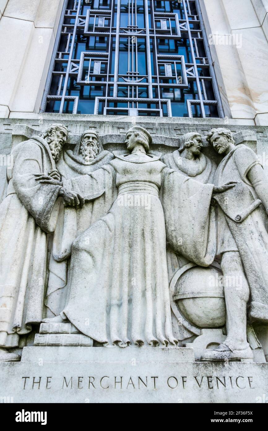 Washington DC, Folger Shakespeare Library, scène extérieure de la sculpture de relief de Venise, Banque D'Images