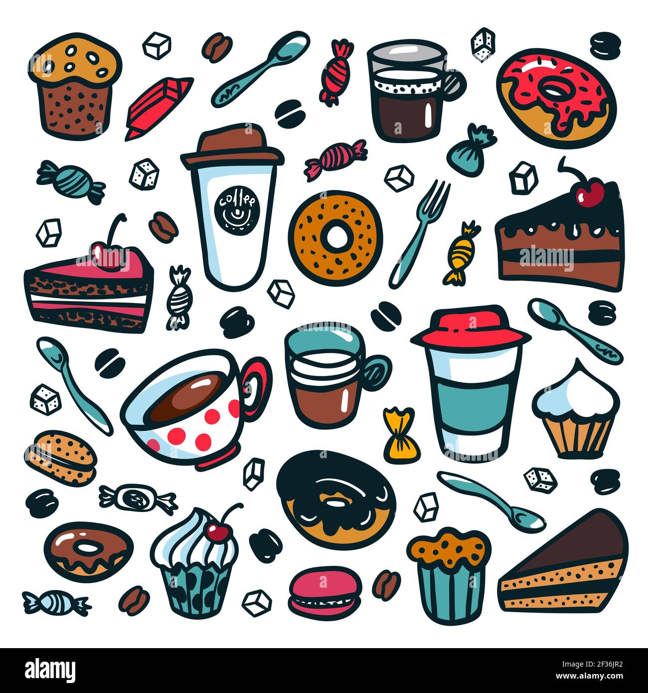 Fond de café. Ensemble d'objets de dessin animé de style coolé coloré sur le thème du café. Tasses à café et desserts sur fond blanc. Excellent pour le menu Illustration de Vecteur