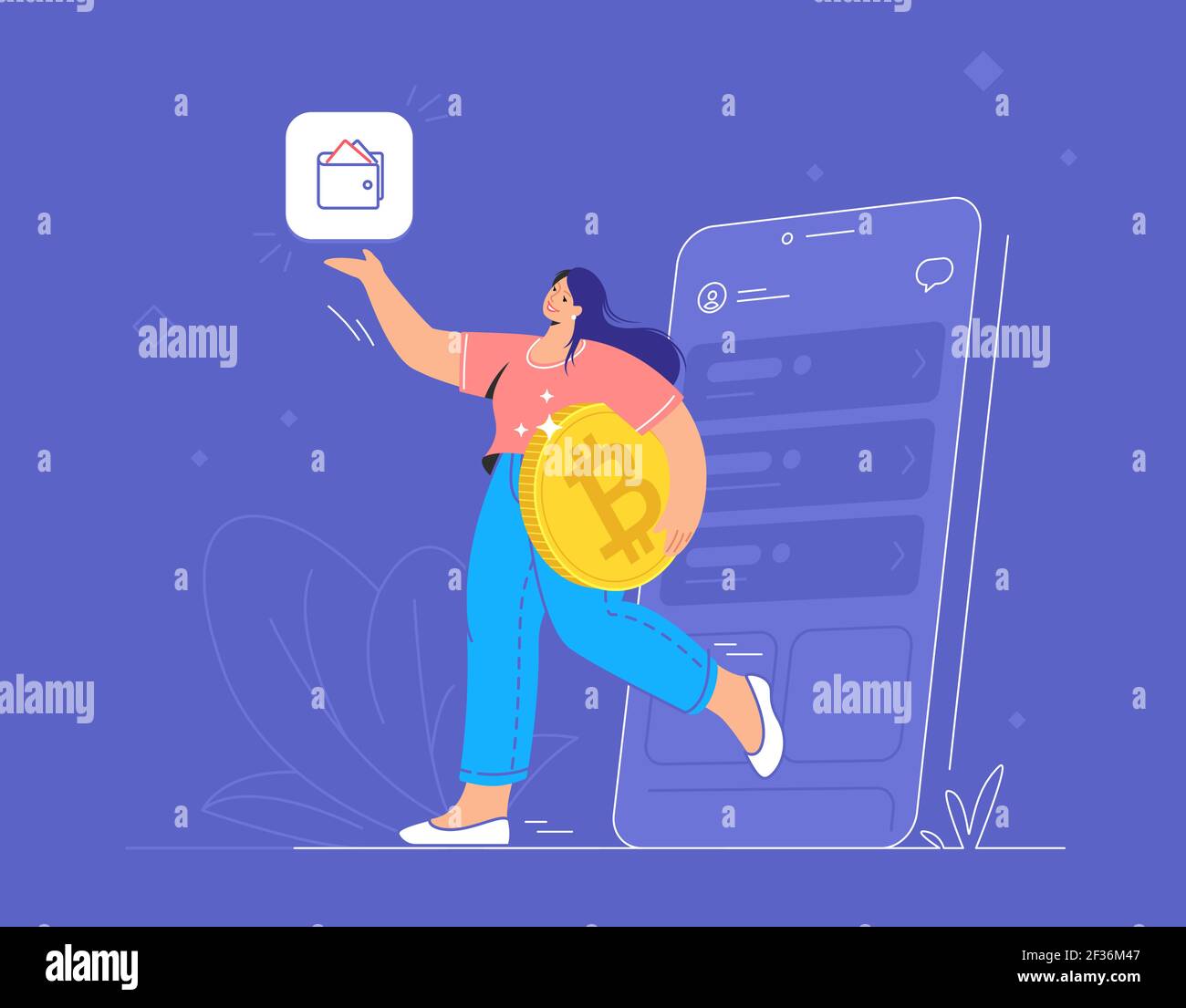 Jeune femme tenant un gros bitcoin d'or et pointant vers portefeuille cryptographique mobile Illustration de Vecteur