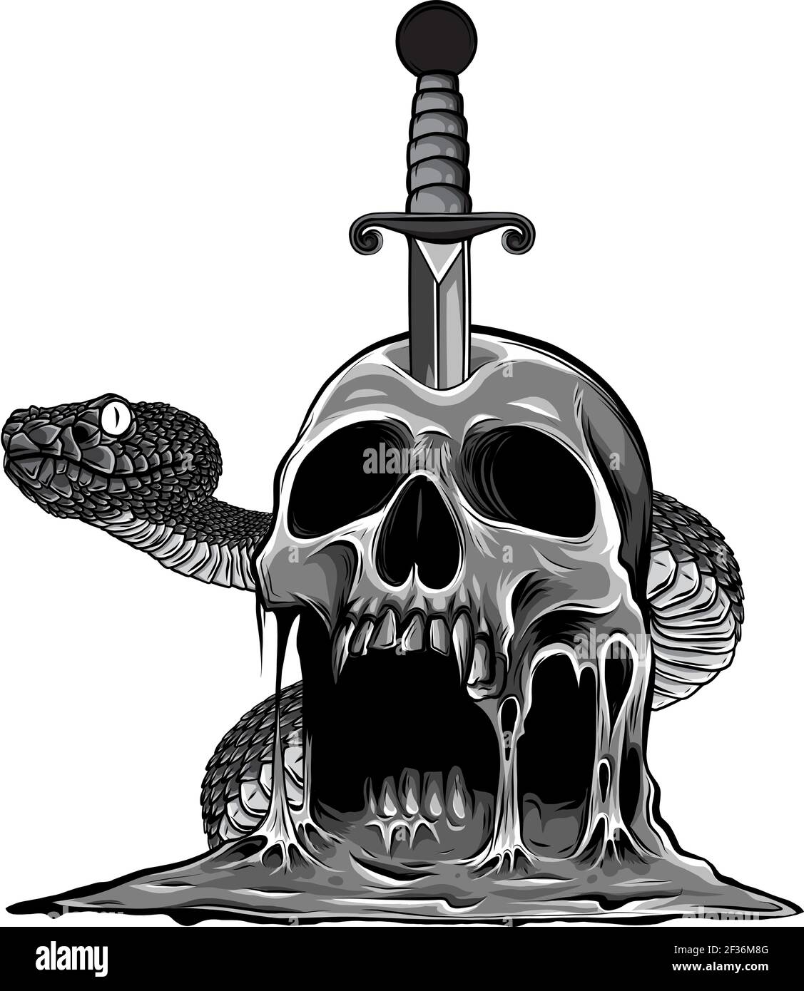 Motif monochrome coloré Tattoo avec crâne et serpent. Illustration vectorielle. Illustration de Vecteur