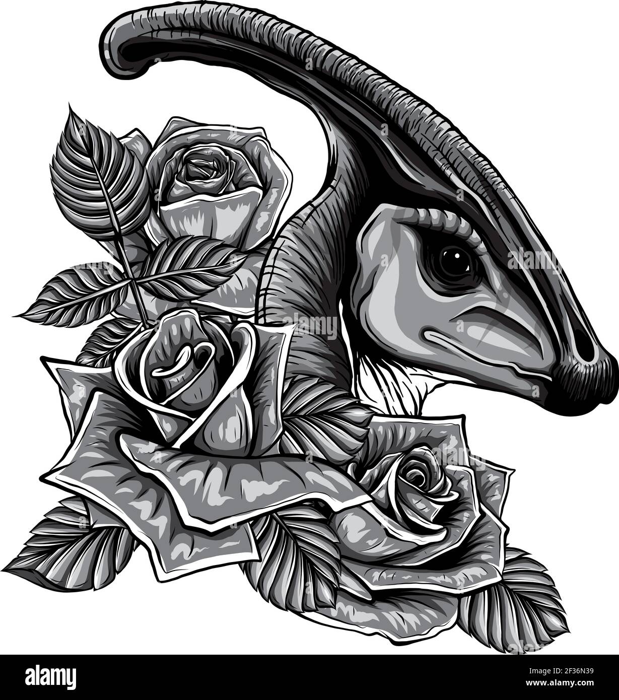 cadre monochromatique de dinosaure et de roses. motif vectoriel. Dessin d'art conceptuel. Illustration de Vecteur