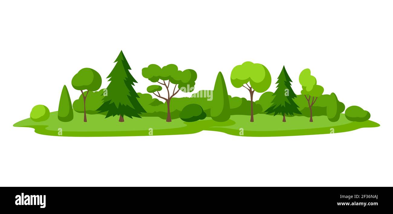 Arrière-plan avec arbres, spruces et buissons. Illustration de la nature saisonnière. Illustration de Vecteur