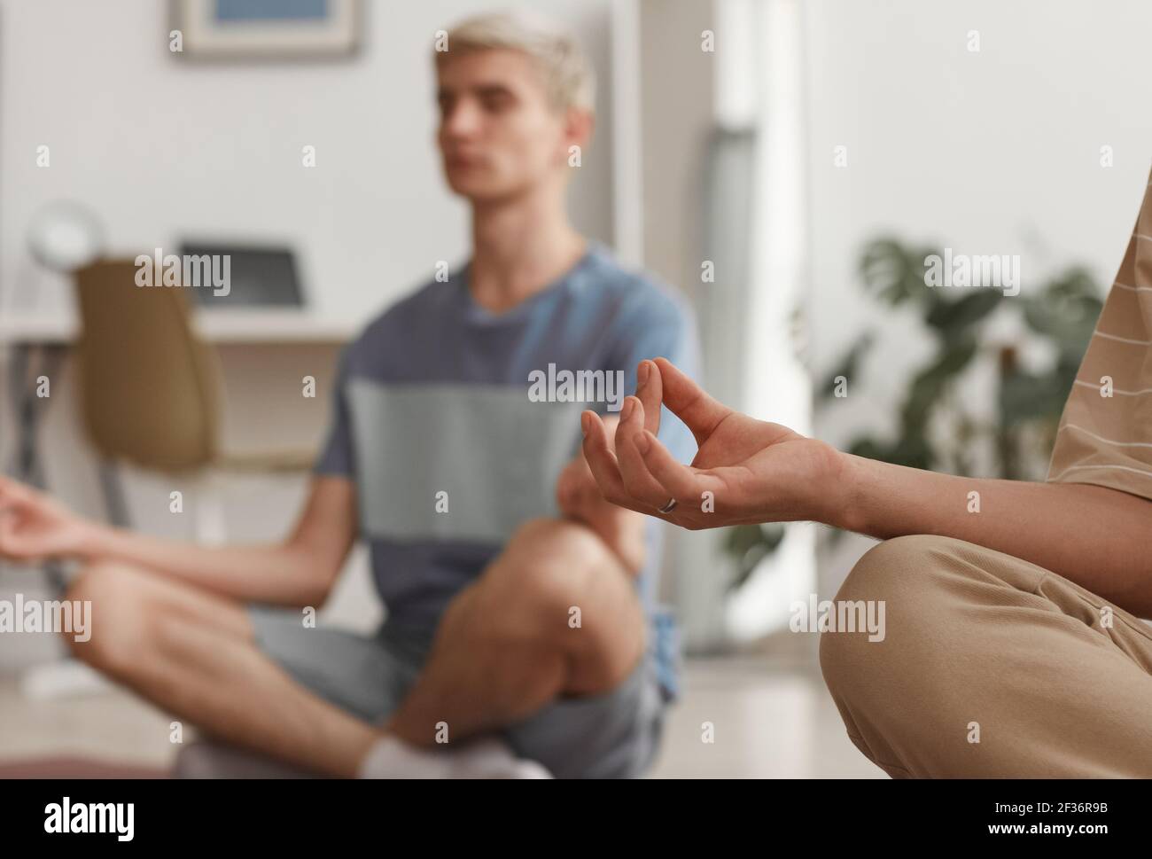 Gros plan de deux jeunes hommes méditant à la maison tout en appréciant des exercices de yoga assis sur des tapis en position lotus, espace de copie Banque D'Images
