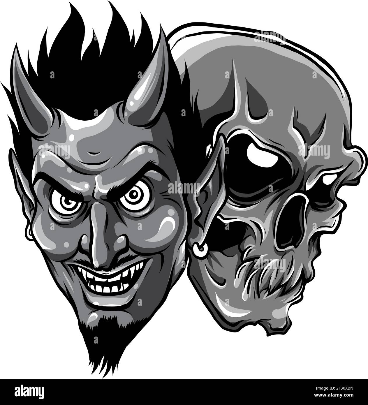 Illustration monochromatique du démon Devil et du vecteur tête de crâne Illustration de Vecteur
