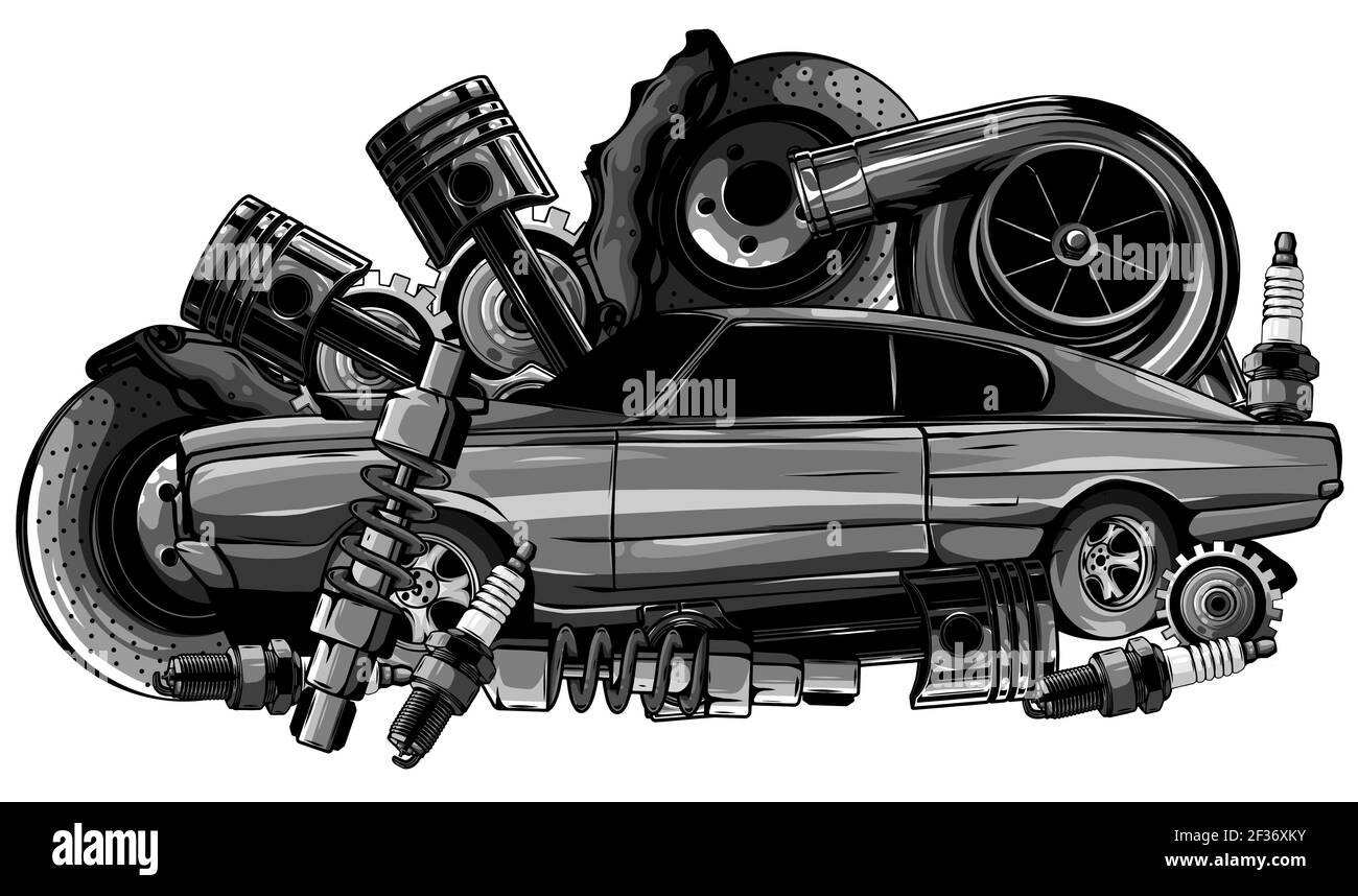 Collection monochromatique de composants de voiture Vintage avec piston de moteur d'automobile roue de direction pneu avant compteur de vitesse boîte de vitesses amortisseur Illustration de Vecteur