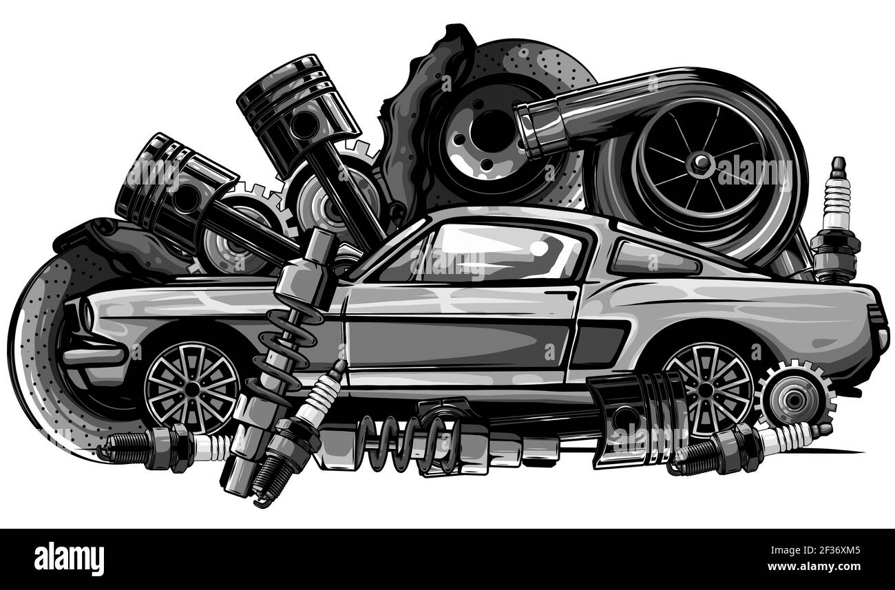 Collection monochromatique de composants de voiture Vintage avec piston de moteur d'automobile roue de direction pneu avant compteur de vitesse boîte de vitesses amortisseur Illustration de Vecteur