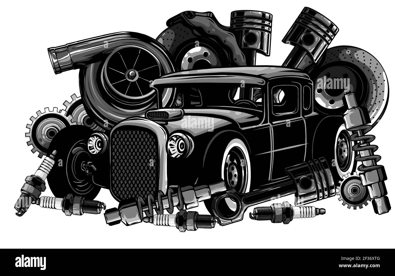 Collection monochromatique de composants de voiture Vintage avec piston de moteur d'automobile roue de direction pneu avant compteur de vitesse boîte de vitesses amortisseur Illustration de Vecteur