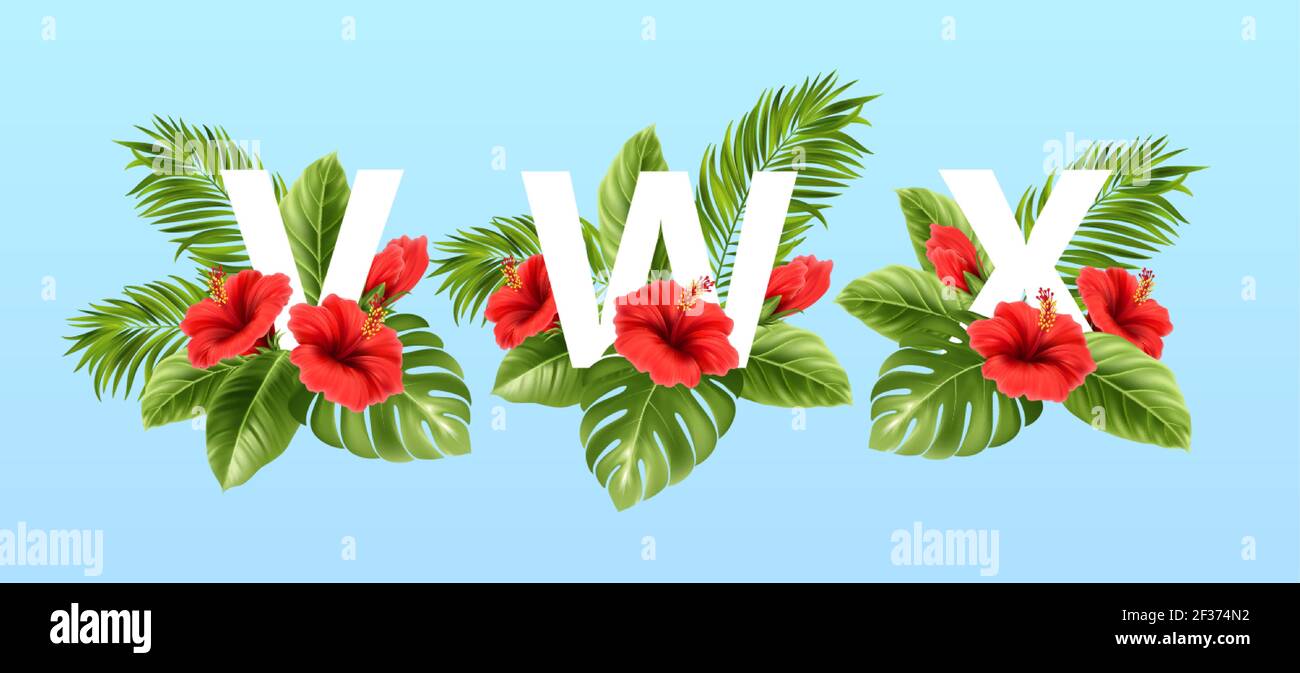 V W X lettres entourées de feuilles tropicales d'été et de fleurs d'hibiscus rouges. Police tropicale pour la décoration d'été. Illustration vectorielle Illustration de Vecteur