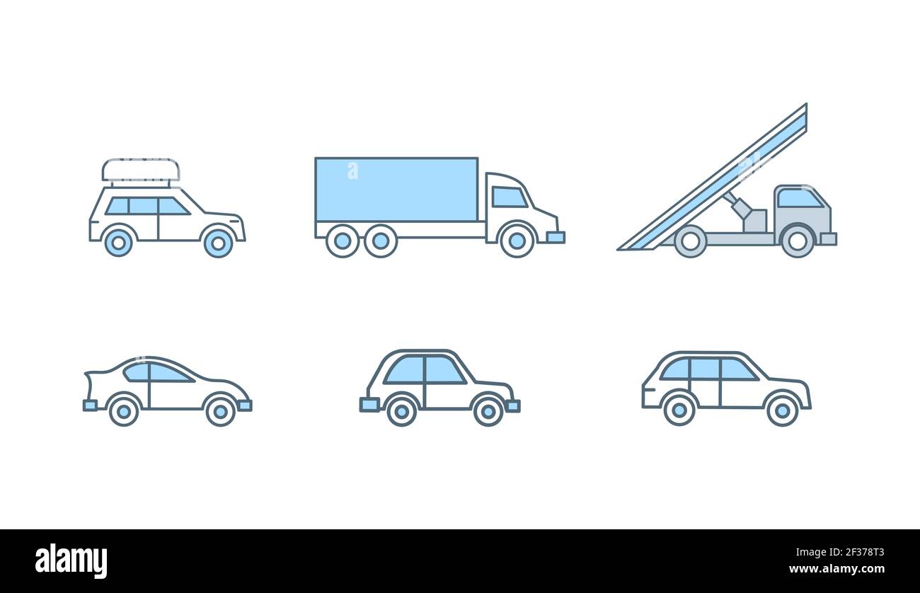 Illustration vectorielle à lignes plates isolée sur fond blanc. Transport terrestre, voiture de tourisme, jeep avec bagages sur le toit, camion, icônes de camion pour application mobile ou conception de site Web. Illustration de Vecteur