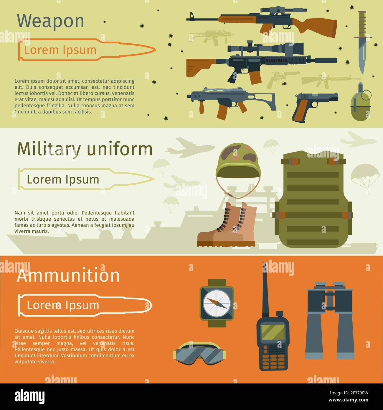 Bannières militaires ou arrière-plans de l'armée définir le vecteur. Munitions militaires et armes avec illustration de l'uniforme militaire Illustration de Vecteur