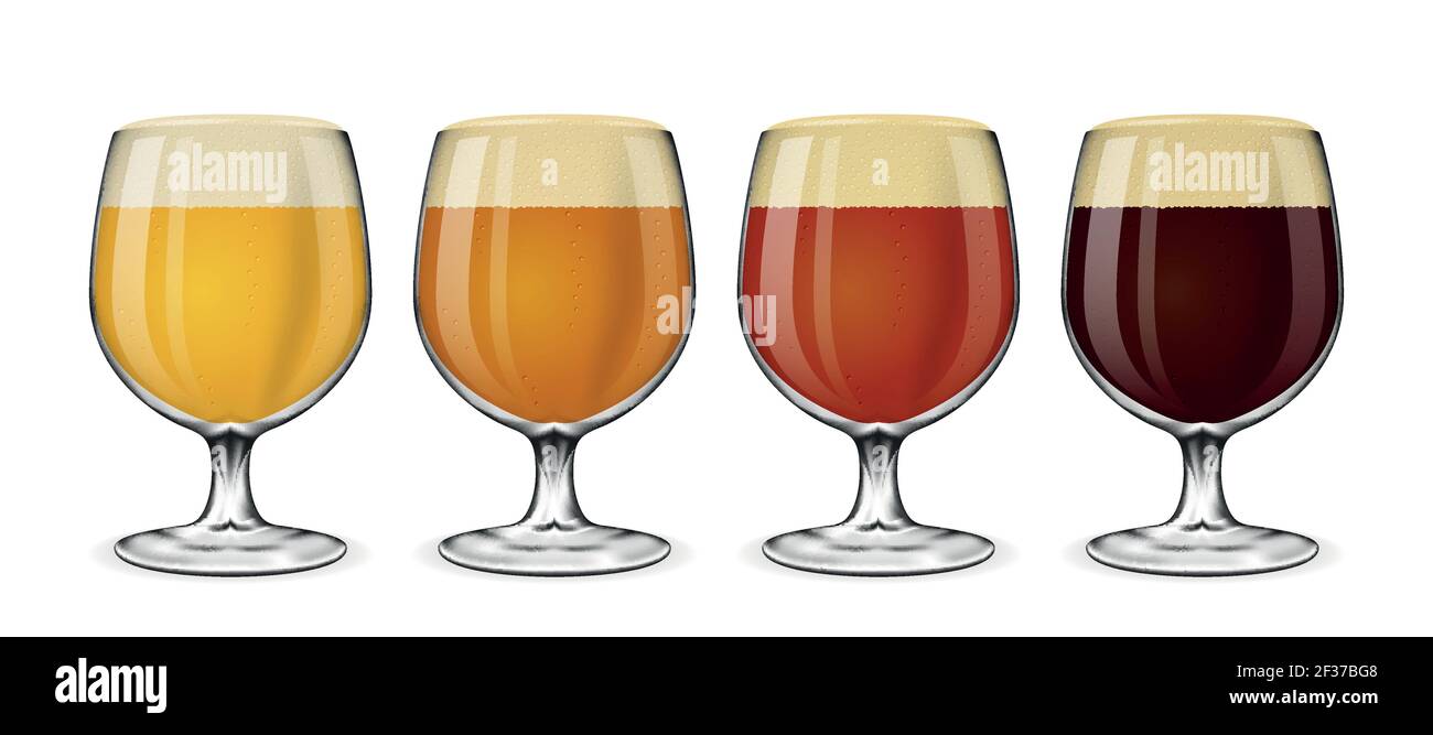 Ensemble de vecteurs en verre à bière. Lager et ALE, ambre et rassis verres de bière sur blanc. Illustration de la boisson de bière en verre Illustration de Vecteur