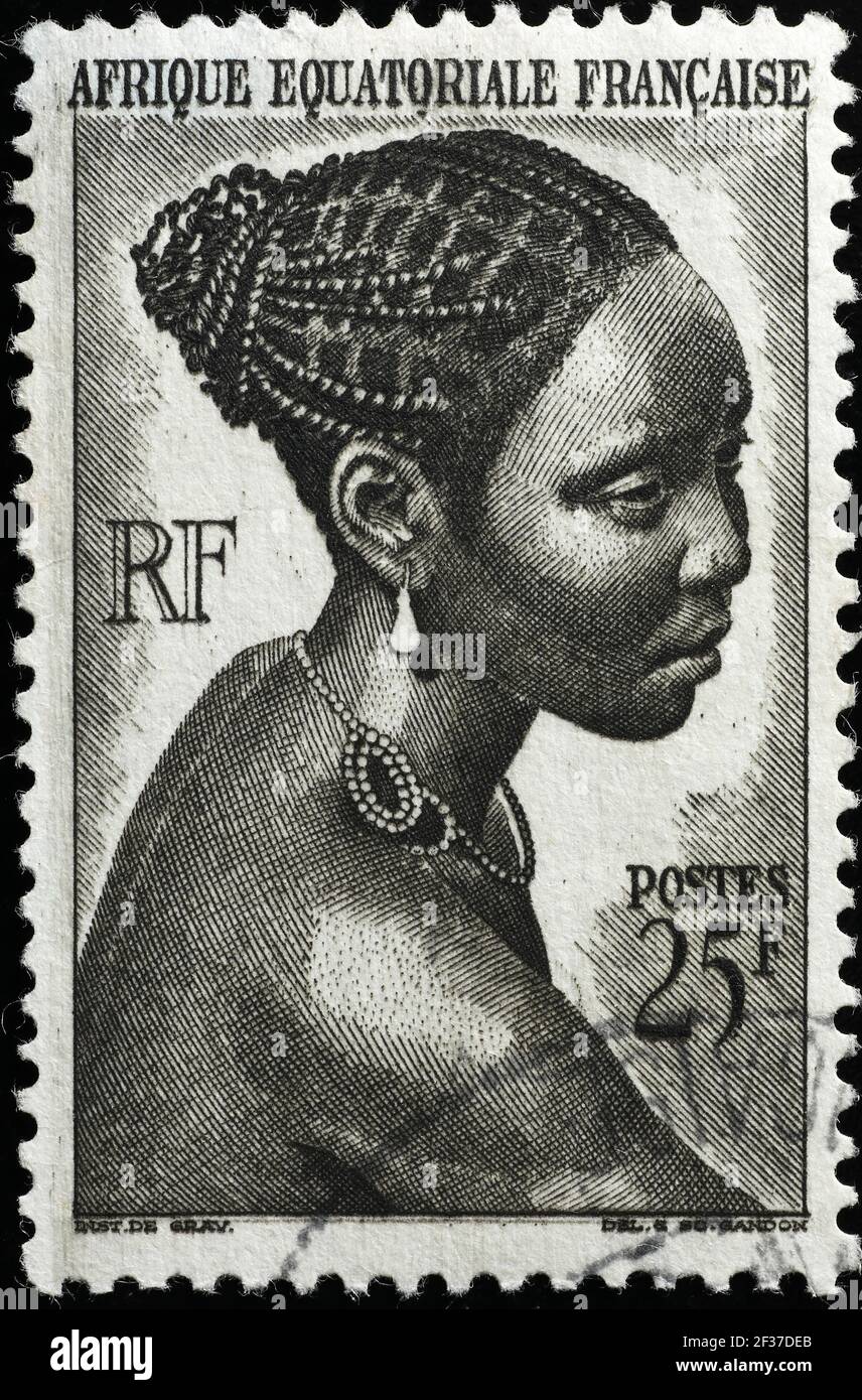 Magnifique portrait d'une femme africaine sur timbre vintage Banque D'Images